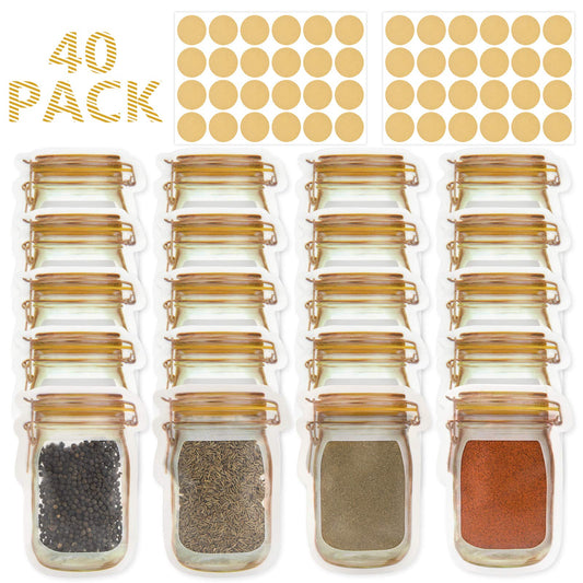 Mlife Spice storage Bags-40 PCS Small Mason jar Spice Jars Bags with 48 PCS Spice Labels,Snack Saver Container Leak-Proof Zip-Lock Bags for Travel Camping Picnic 40pc