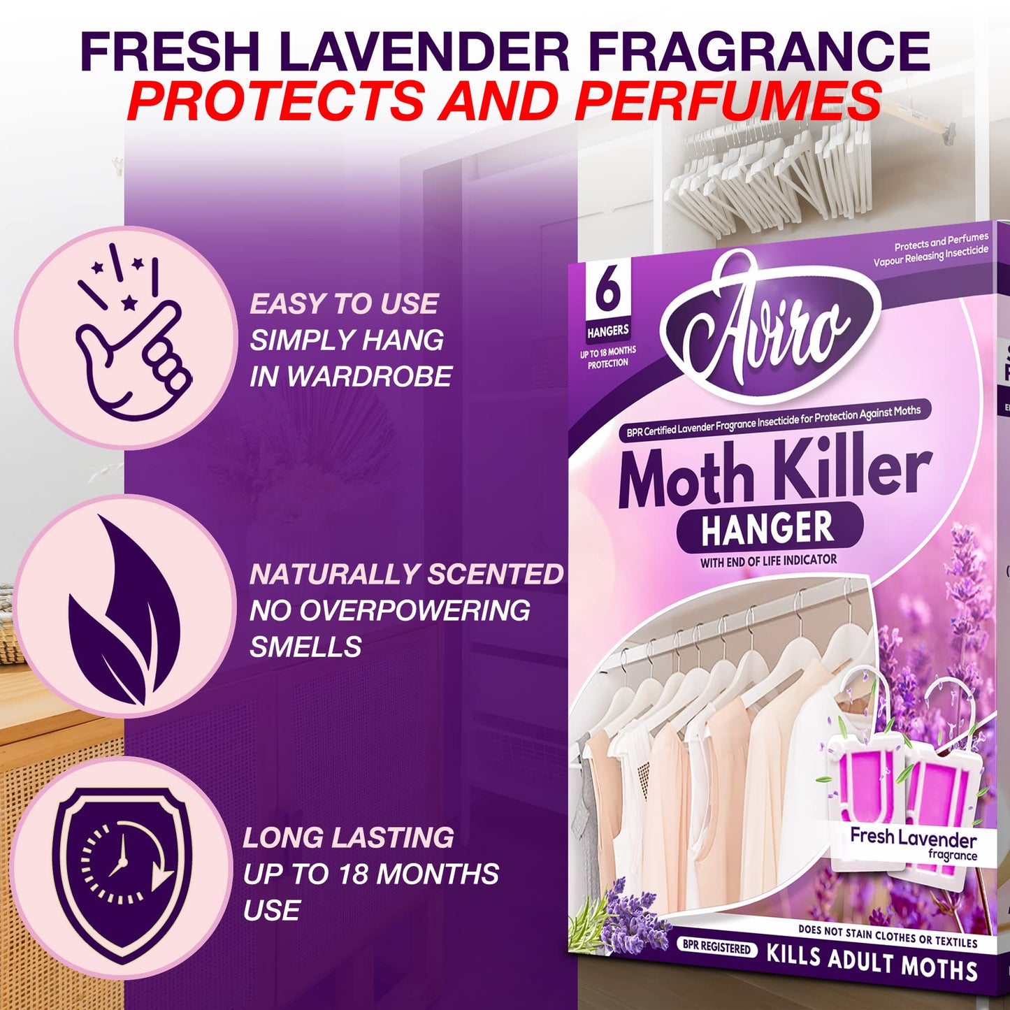 Aviro Moth Repellent for Wardrobes - 18 Moth Killer Hangers with Natural Lavender Scent. Highly Effective Easy to Use Moth Repellent for Clothes. UK Made 6 count (Pack of 3)