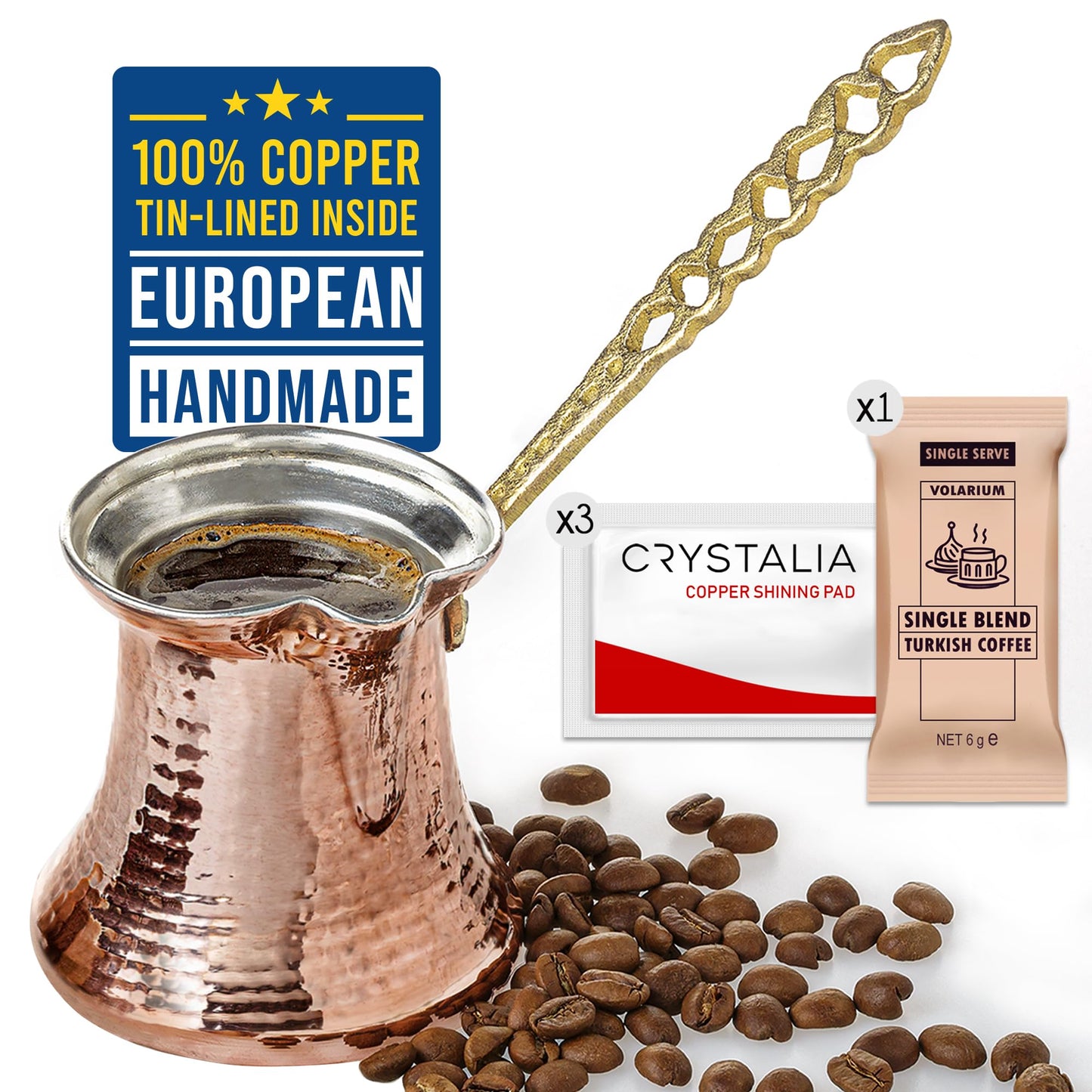 Volarium CRYSTALIA Premium Quality Handmade Turkish Coffee Pot, Turkish Coffee Maker, Cezve, Greek Coffee Pot, Arabic Coffee Pot, Hammered Copper, Copper Coffee Pot, Butter Pot, Copper Pot 200ml