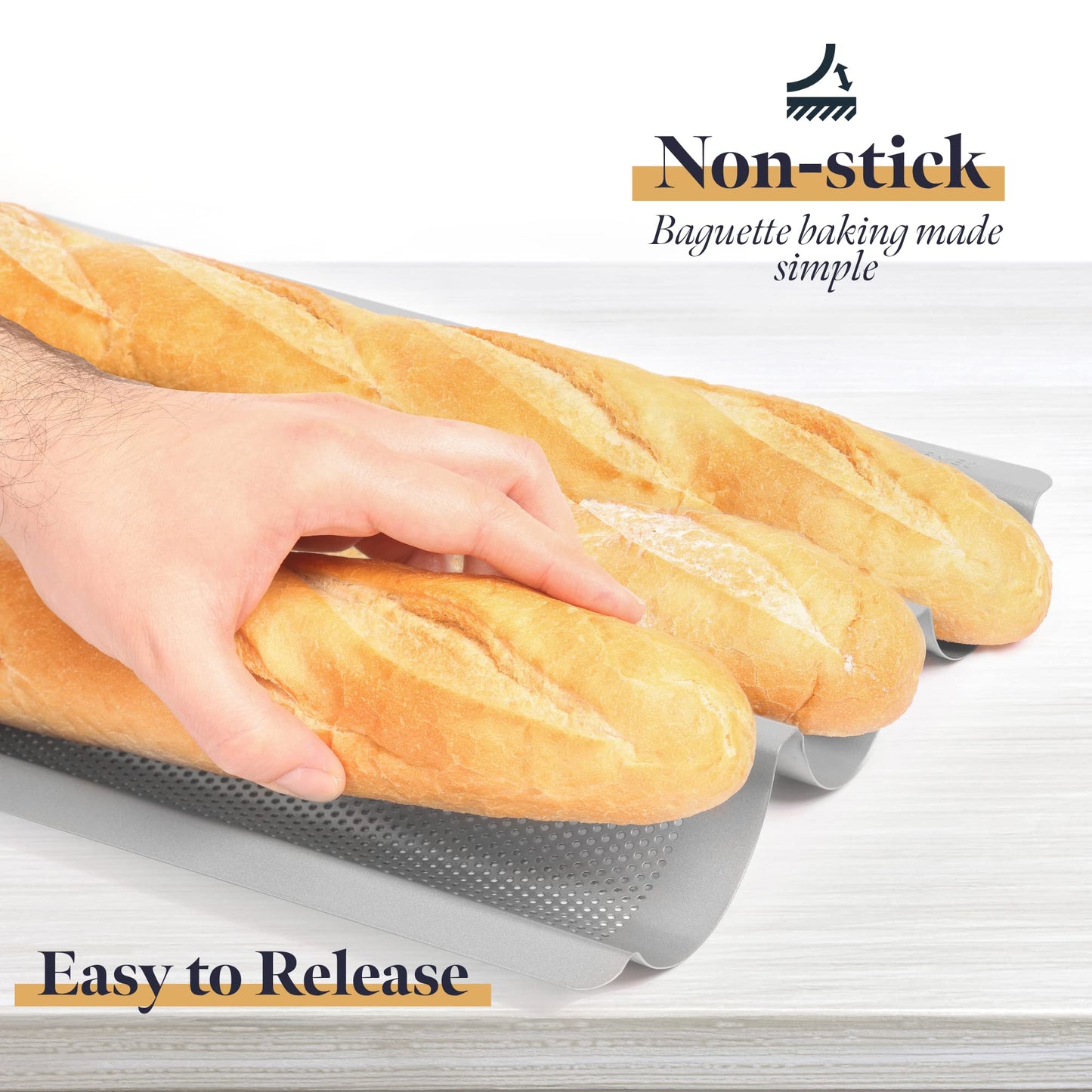 GOURMEO Non-Stick Baguette Baking Tray - 38,5cm x 28.5cm - French Bread Baking Trays for 3 Baguettes - Easy to Use & Clean - Silver 1 Tray for 3 Baguette