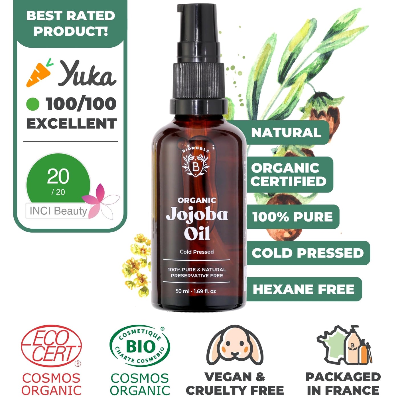 Bionoble Organic Jojoba Oil 50ml - 100% Pure, Natural and Cold Pressed - Face, Body, Hair, Beard, Nails - Vegan and Cruelty Free - Glass Bottle + Pipette + Pump 50 ml (Pack of 1)