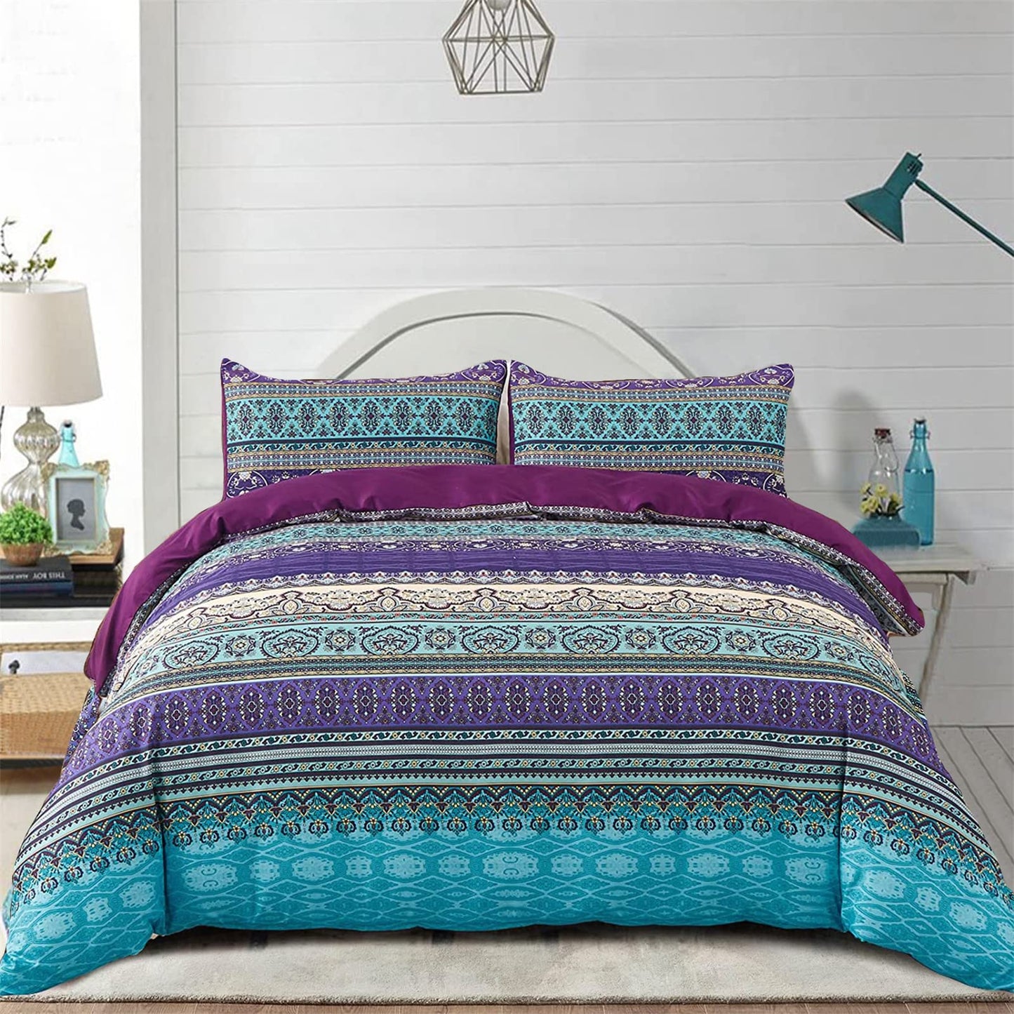 King Size Bohemian Duvet Cover Purple and Blue Colorful Boho Bedding Set with 2 Pillowcases Soft Microfiber Moroccan Bed Cover 220cm X 230cm King Size 220x230cm Purple Blue