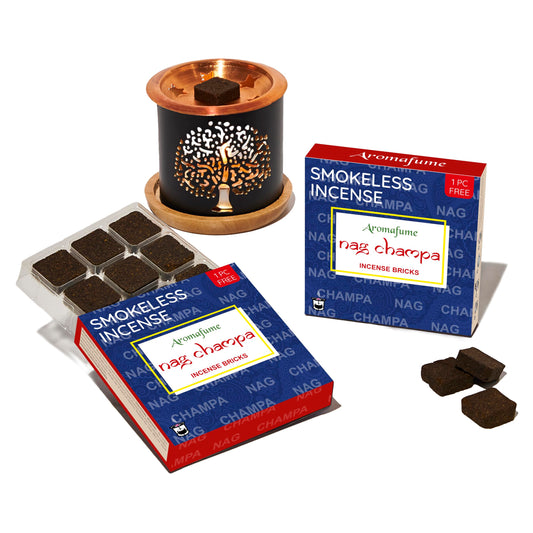 Nag Champa Incense Bricks (2 x 9 Bricks) & Tree of Life Exotic Incense Burner by Aromafume | Made with Sandalwood, Jasmine, Ylang Ylang & Champa flower | Natural, Low Smoke, Non toxic Incense Bricks Nag Champa