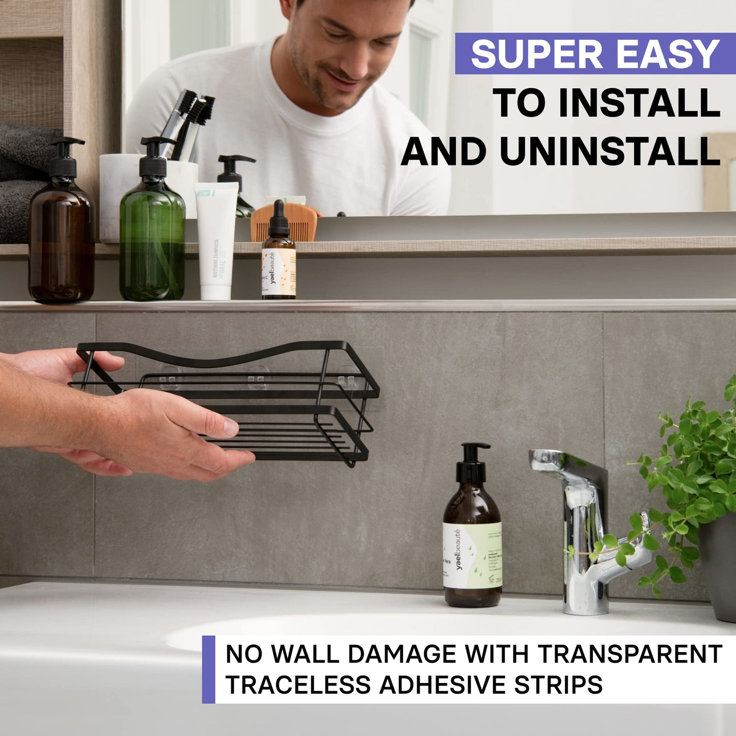 KINCMAX Shower Shelves 2-Pack - Self Adhesive Caddy with 4 Hooks - No Drill Large Capacity Stainless Steel Wall Shelf - Aesthetic Organiser for Inside Bathroom - Matte Black