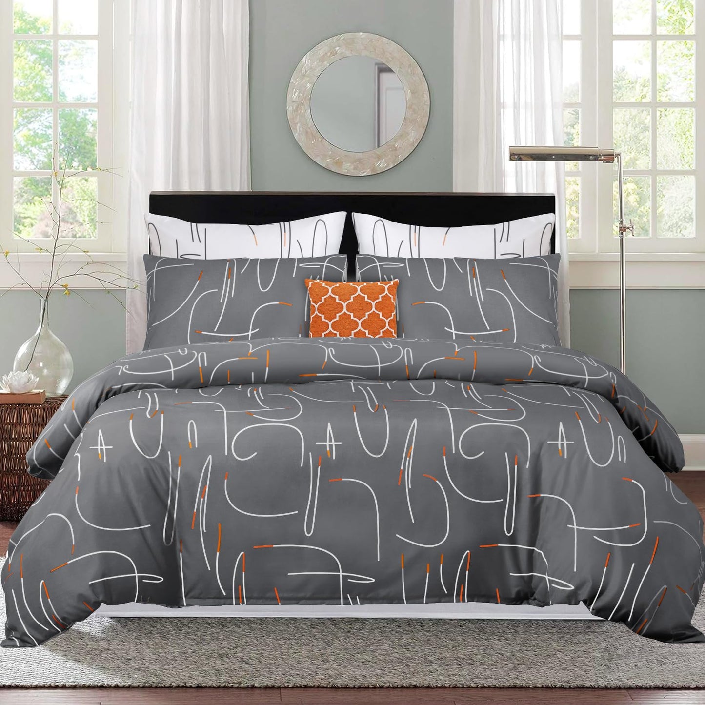 Pamposh Single Duvet Cover Set - Single Bedding Set Reversible - Single Quilt Cover Bed Set - Premium Microfiber Duvet Cover Sets With Pillowcase (Grey/White/Orange, Single (135 x 200 cm)) Grey / White / Orange Single (135 x 200 cm)