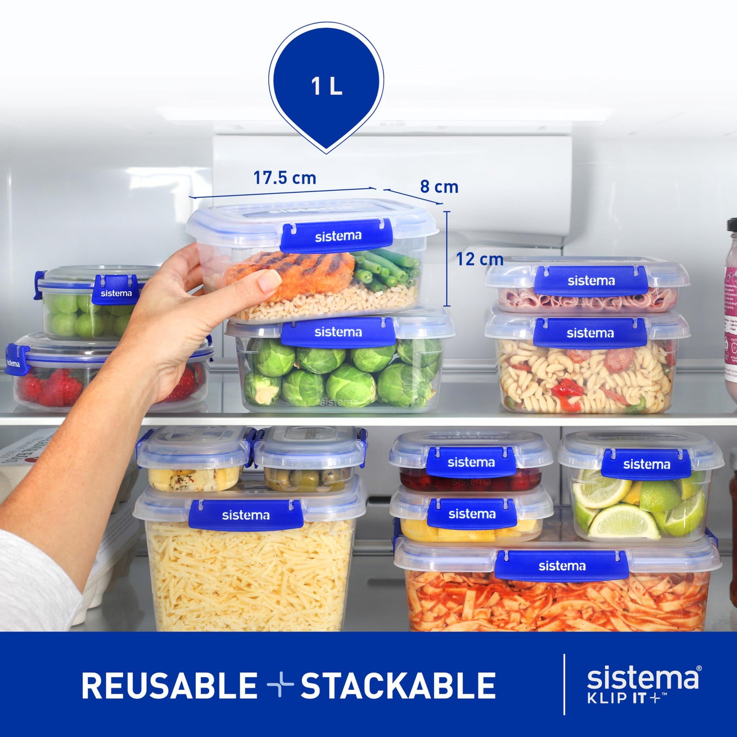 Sistema KLIP IT PLUS Food Storage Containers | 1 L | Leak-Proof, Stackable & Airtight Fridge/Freezer Containers with Lids | BPA-Free Plastic | Recyclable with TerraCycle® | 3 Count, Transparent 1L