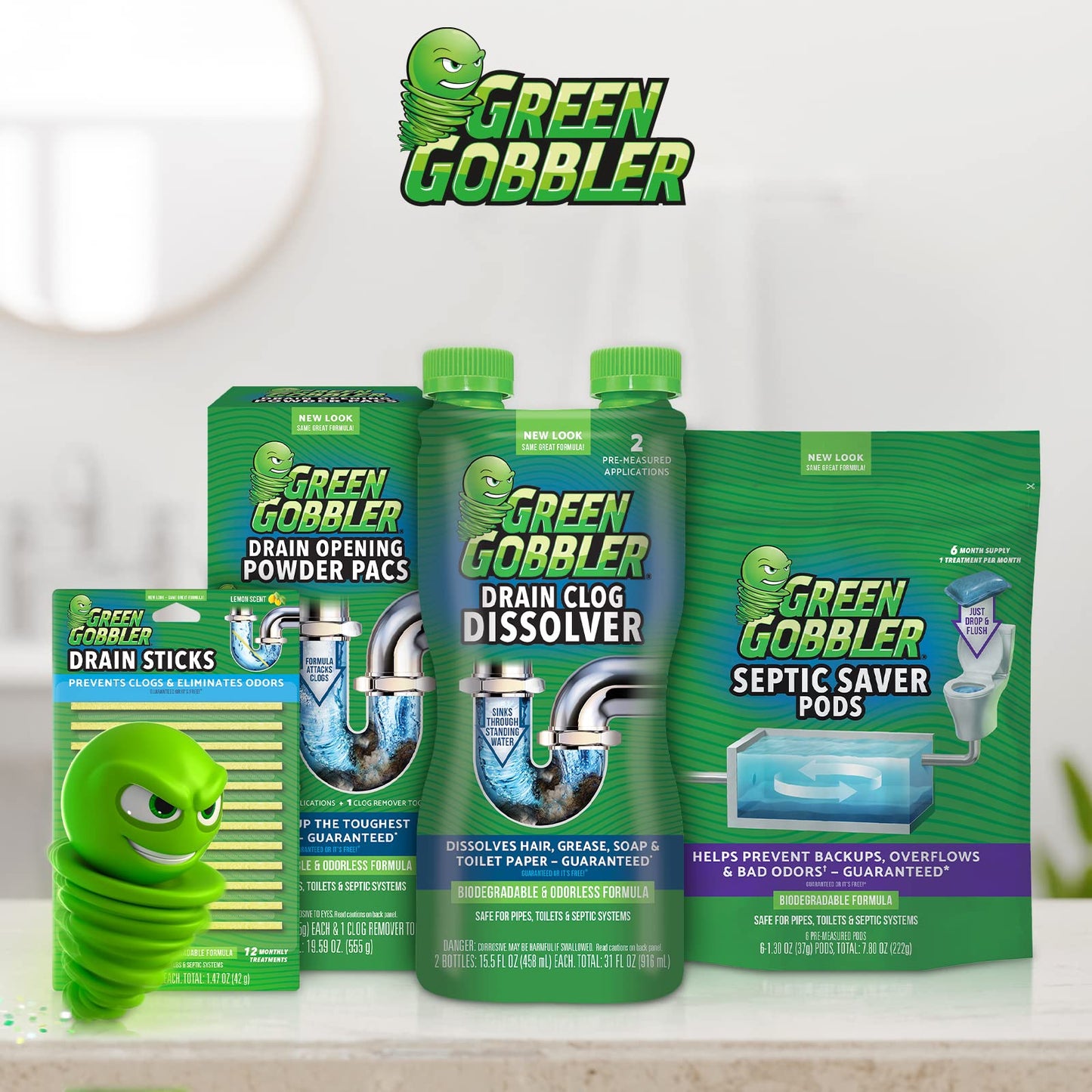 Green Gobbler Septic Saver Treatment System - Sewage & Septic Tank Cleaner - Bacteria Enzyme Packs for Monthly Septic Tank Treatments - 6 Pods (1.3oz)