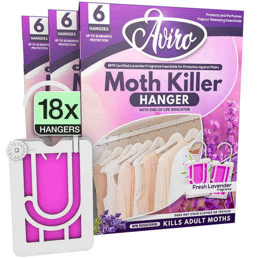 Aviro Moth Repellent for Wardrobes - 18 Moth Killer Hangers with Natural Lavender Scent. Highly Effective Easy to Use Moth Repellent for Clothes. UK Made 6 count (Pack of 3)