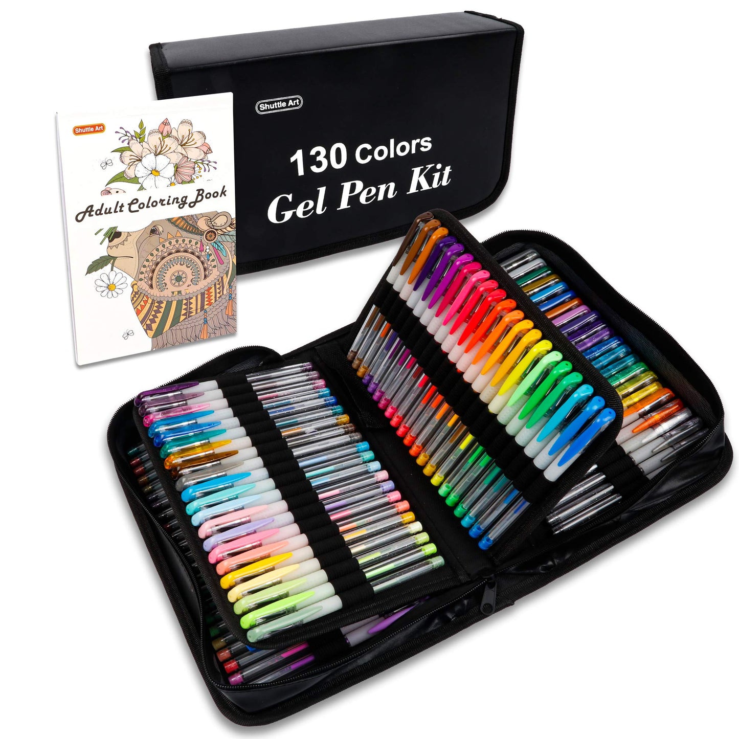 Shuttle Art Gel Pens, 130 Colours Gel Pen with 1 Colouring Book in Travel Case for Adults Colouring Books Drawing Crafts Scrapbooking Journaling