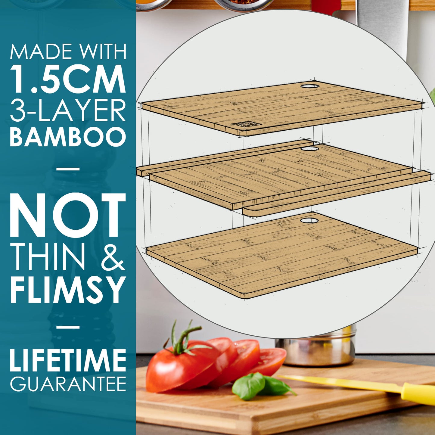 Premium Extra-Thick Wooden Chopping Boards - 3 Piece Bamboo Chopping Board Set - 33x22cm / 28x22cm / 22x15cm - Ideal for Carving Meat, Cutting Vegetables, Cheeses and Bread - by LARHN 3pc Set