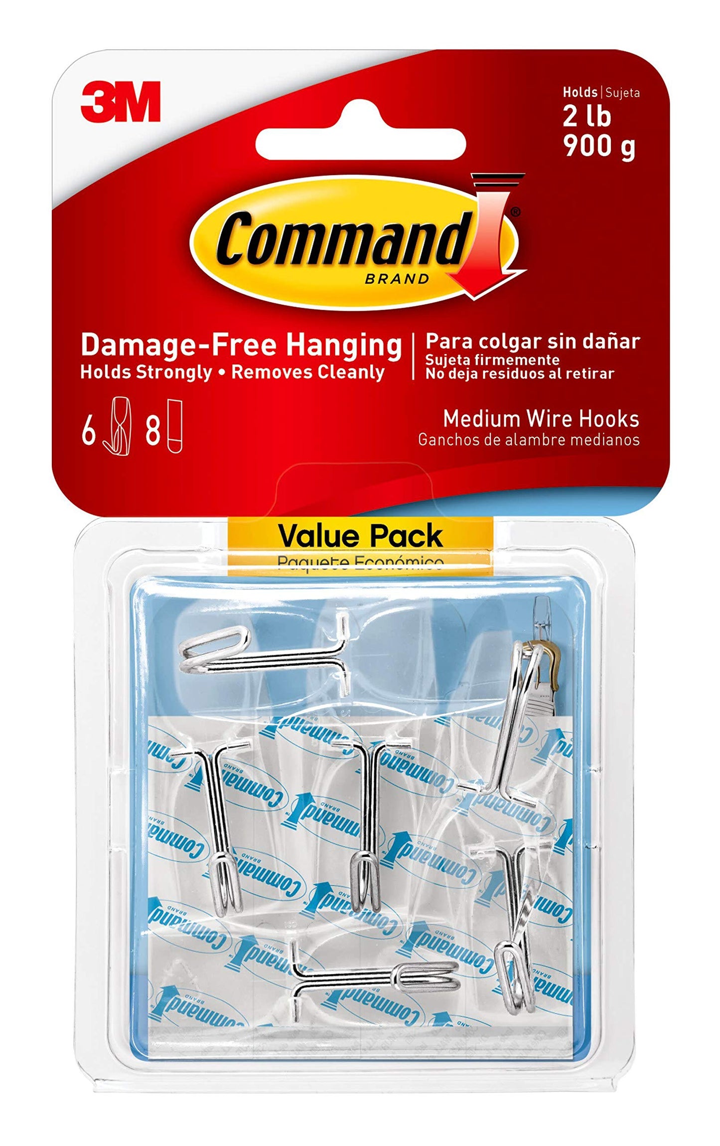 Command Wire Toggle Medium Hook, Pack of 6 Hooks and 8 Adhesive Strips, Transparent - Damage Free Hanging - Holds up to 900g Medium Wire Hooks