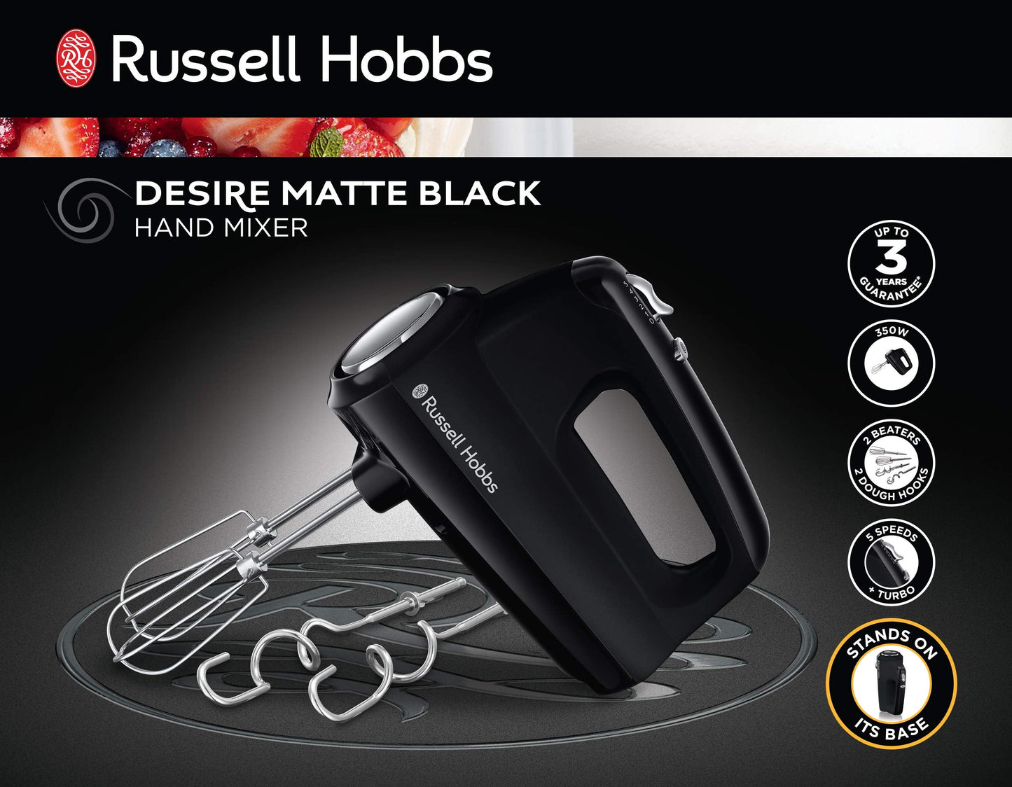 Russell Hobbs Desire Electric Hand Mixer with 5 speeds & turbo setting, 2 chrome plated beaters & 2 chrome plated dough hooks inc, all dishwasher safe, Easy release button, 350W, 24672 Matte Black Desire Electric Hand Whisk and Dough Mixer Single