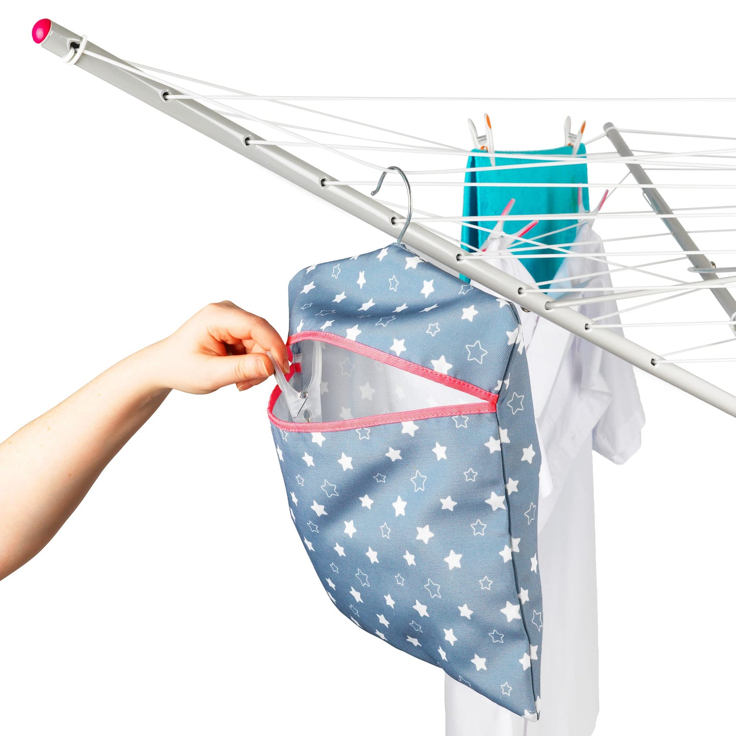 Kleeneze KL081599EU7 Star Print Peg Bag - Hang on Line, Peg Organisation, Easy Hanging Hook for Storage, Holds up to 50 Pegs, Reusable, Indoor/Outdoor Use, Clothes Peg Bag, 33 x 30 cm Twinkle & Shine