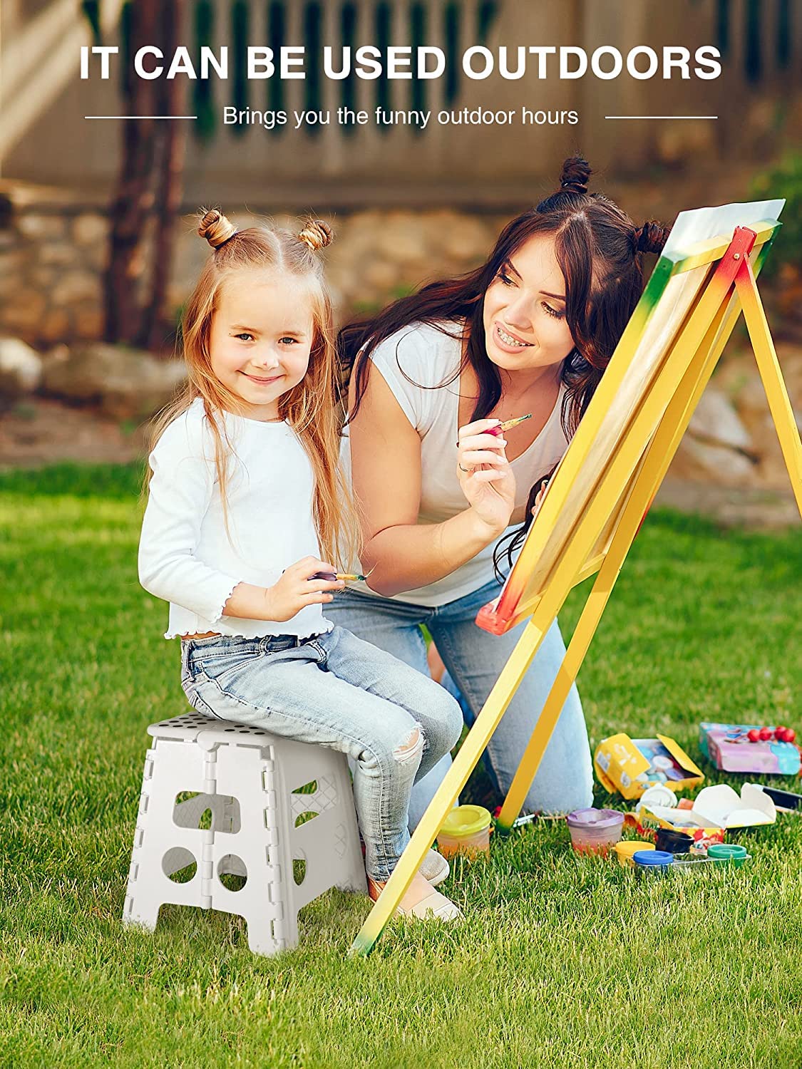 HOUSE DAY Folding Step Stool 13 inch(33cm) Height Medium Heavy Duty Foldable Stool for Adults, large foldable children's Step Stool Non-Slip Folding Stool Portable Plastic Stool for Kids - White 13 inch，White