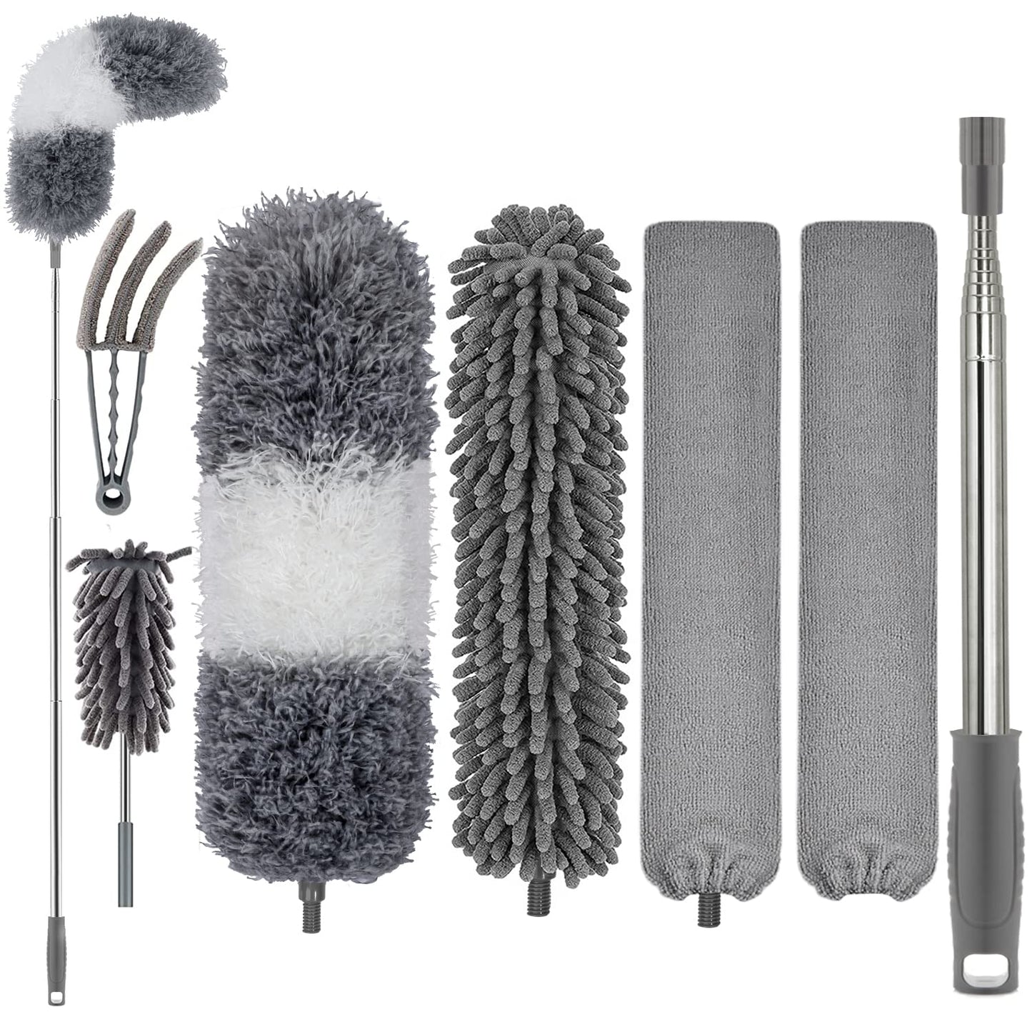 Feather Dusters for Cleaning - Extendable Duster with Telescoping Extension Pole 30 to 100 Inches, Microfiber Dusters for Cleaning Cobweb, High Ceiling Fan, Lights, Blinds, etc Grey White