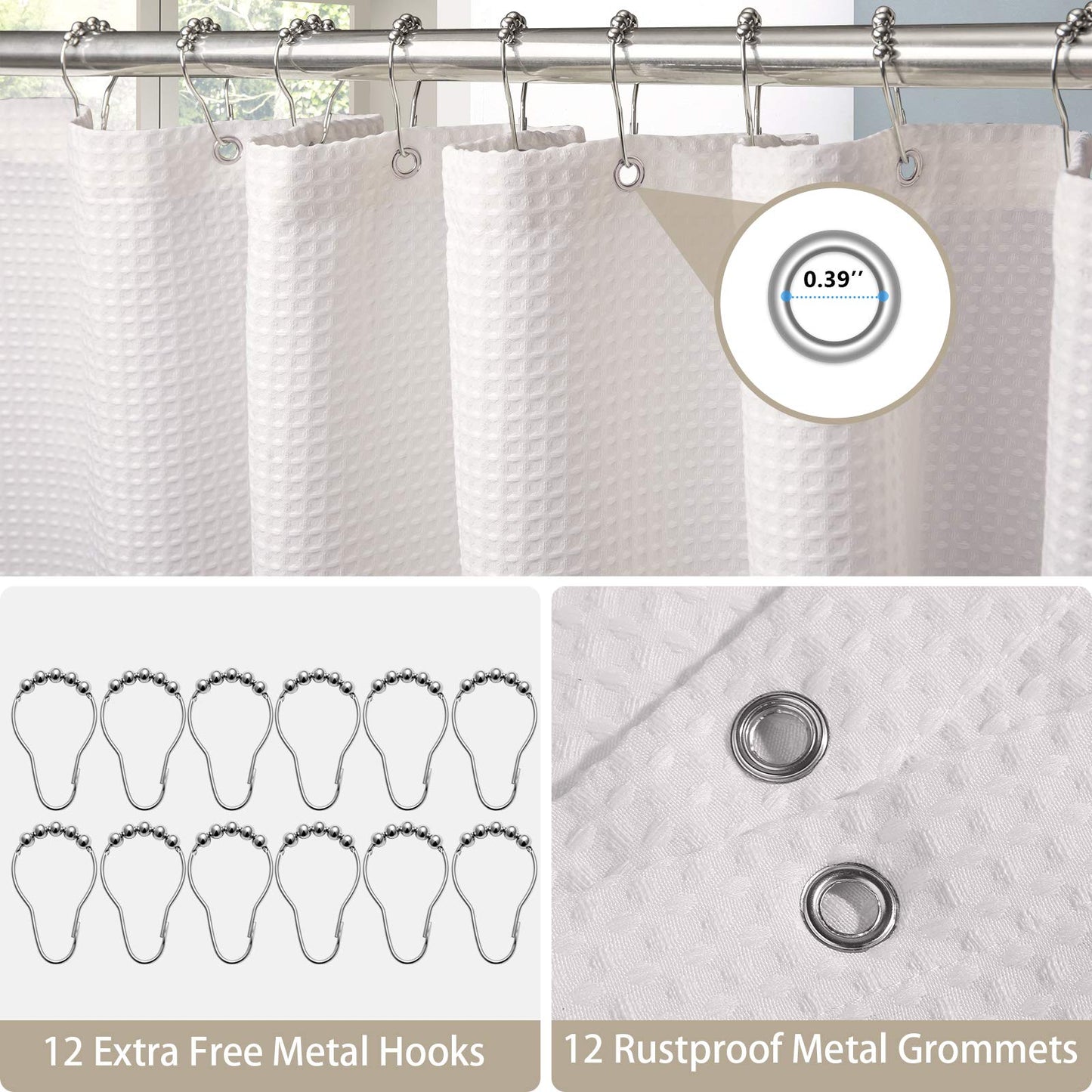 VANZAVANZU Shower Curtain for Bathroom with Metal Hooks Waffle Fabric Shower Curtain Heavy Duty Bath Curtain for Wet Room Bathtub Shower Stall, Weighted Hem, Water Resistant - 182 x 214cm (White) Waffle - White 182 x 214cm (WxH)