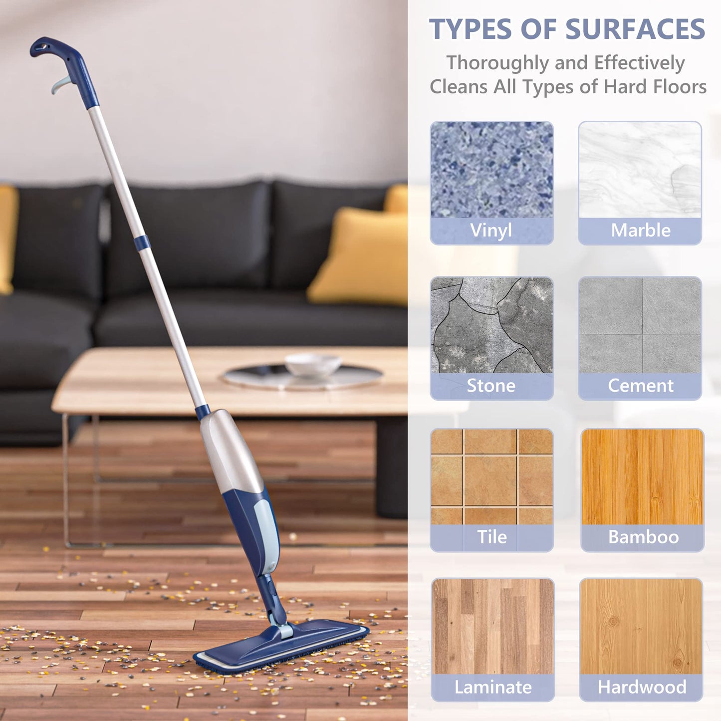 Spray Mop for Cleaning Floors Microfiber Floor Mop Wet Dust Flat Mop with 5 Washable Pads and Refillable Bottle for Home Kitchen Wood Laminate Vinyl Ceramic Hardwood Tiles A - Blue Spray Mop(5 Pads+1 Bottle)