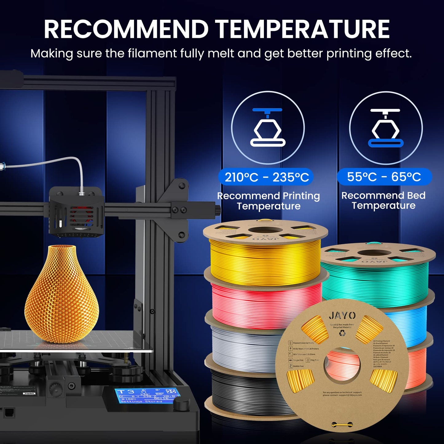 JAYO PLA Silk Filament 1.75mm, Shiny PLA 3D Printer Filament 2.2kg, Neatly Wound Filament, Dimensional Accuracy +/- 0.02, 2 Spools PLA+ Silver+Light Gold 2.2kg Silver+Gold