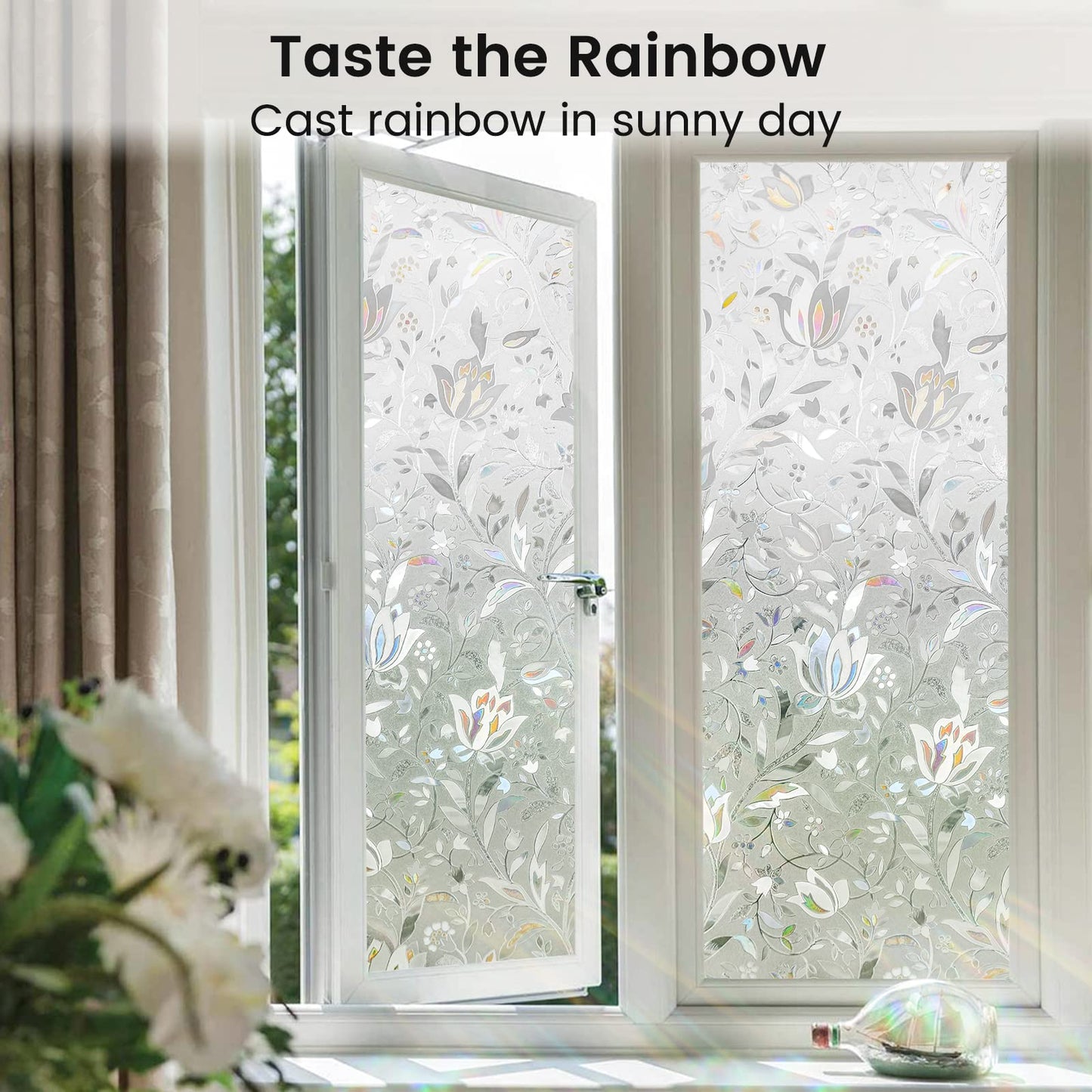 rabbitgoo 3D Window Film Privacy Film for Glass Windows, No Glue Self-adhesive Rainbow Window Covering Vinyl Frosted Opaque Decorative Film Heat Control Static Cling for Kitchen Room Tulip 90x400 cm 90x400cm Clear