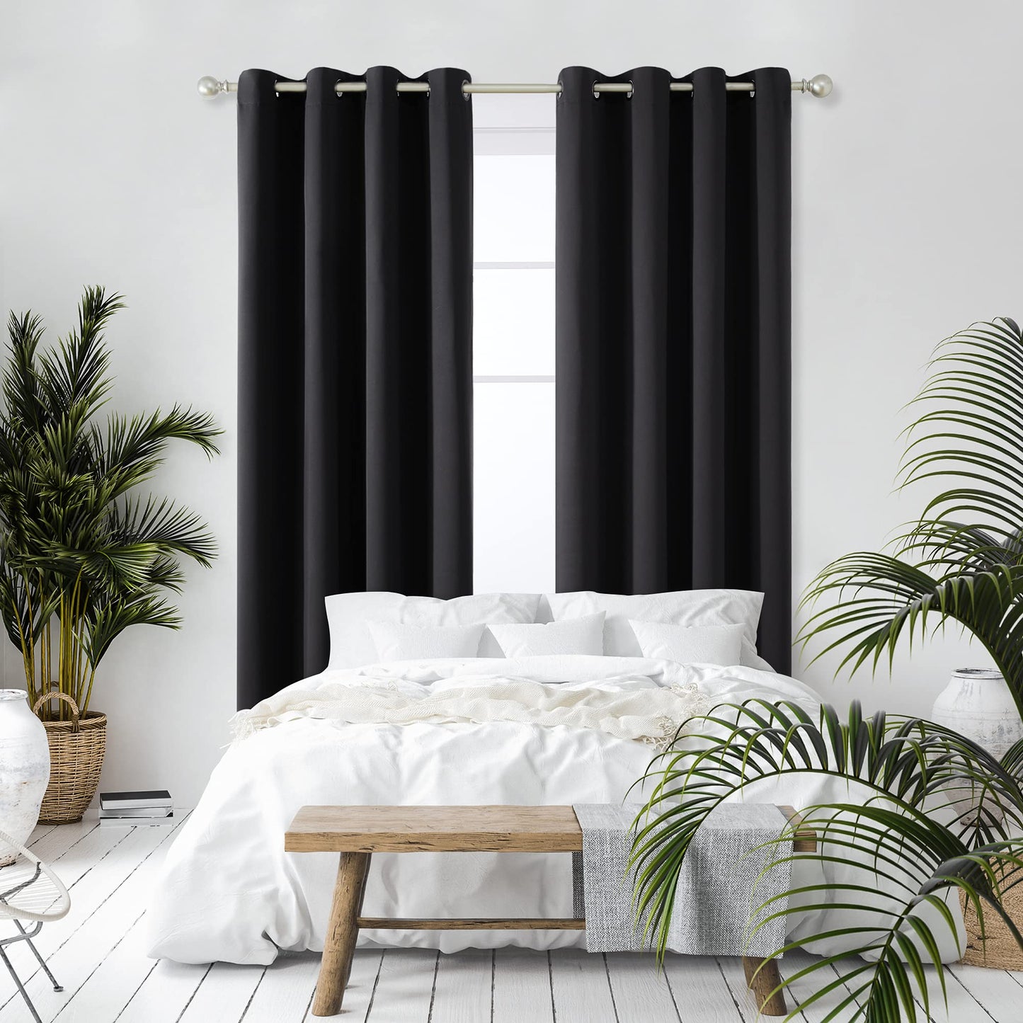 Deconovo Ring Top Curtains 52"x 63" Blackout Thermal Insulated Eyelet Curtains for Bedroom Black 1 PAIR W52 x L63