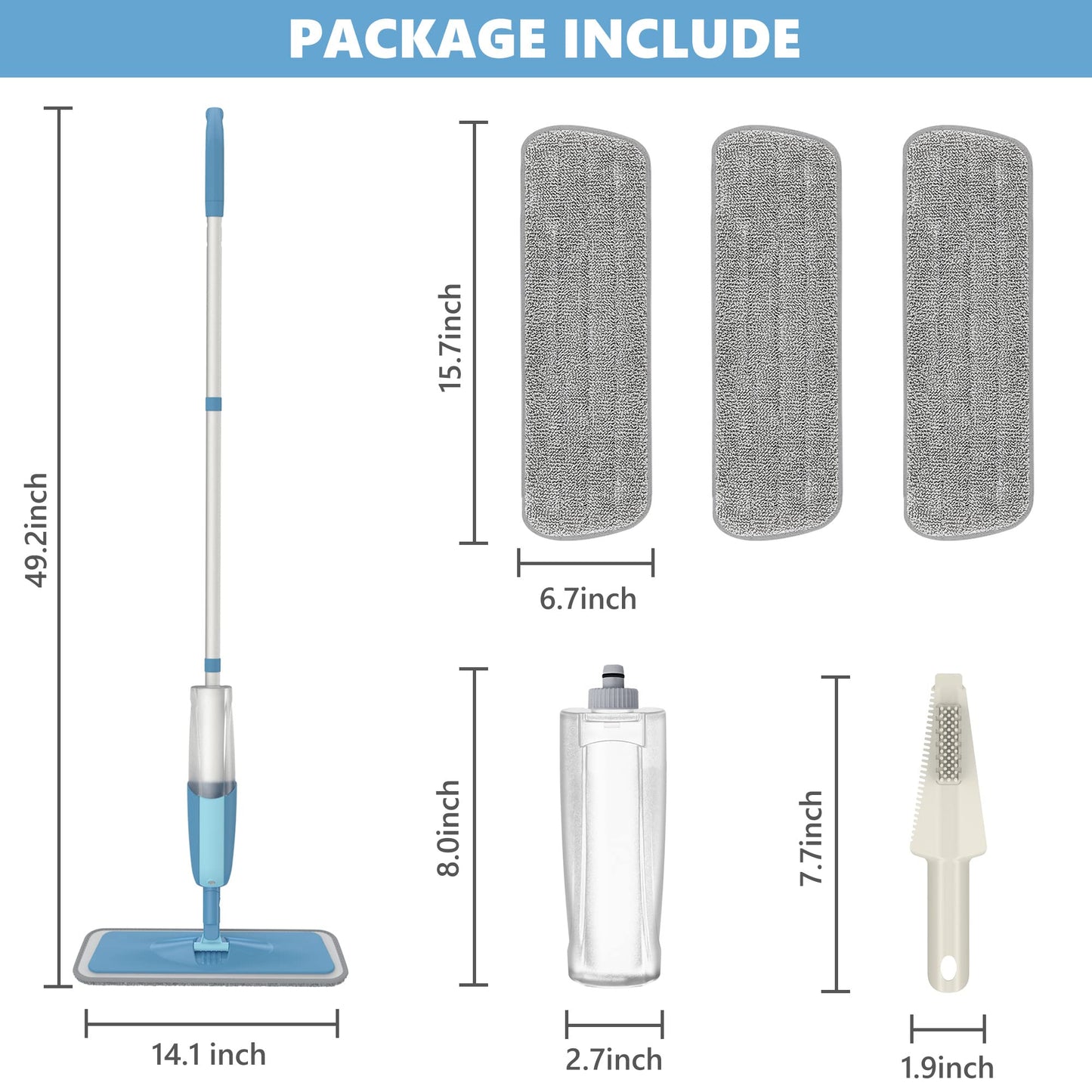 Spray Floor Mop, PAPCLEAN Microfibre Spray Mop with 3 Reusable Pads and 410ML Refillable Bottle, 360 Degree Spin Mop Suitable for Hardwood, Marble, Tile, Laminate, or Ceramic Floors - Cyan Blue