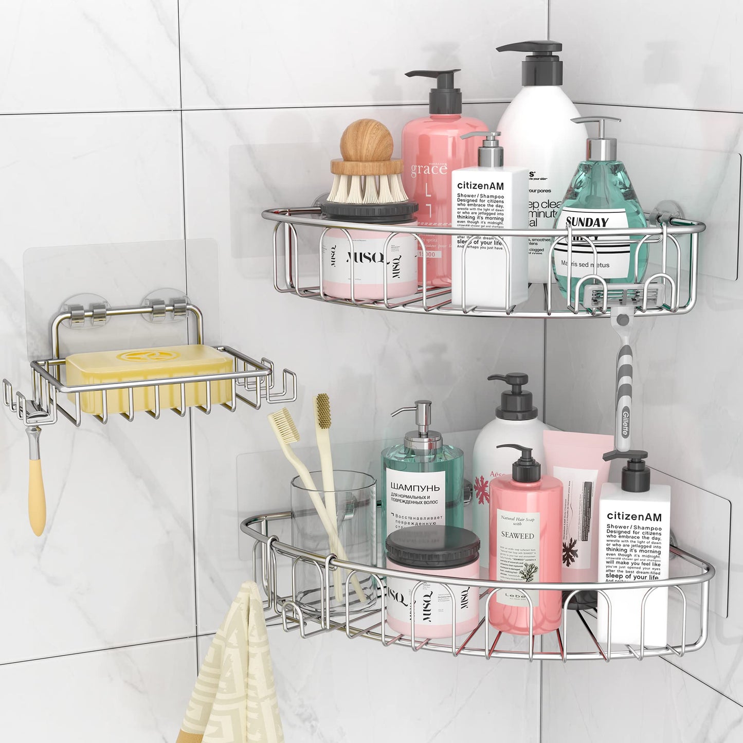 Orimade Corner Shower Caddy Basket Rack Stainless Steel with Hooks Wall Mounted Bathroom Shelf Storage Organizer Adhesive Rustproof No Drilling Shampoo Holder 3 Pack Silver