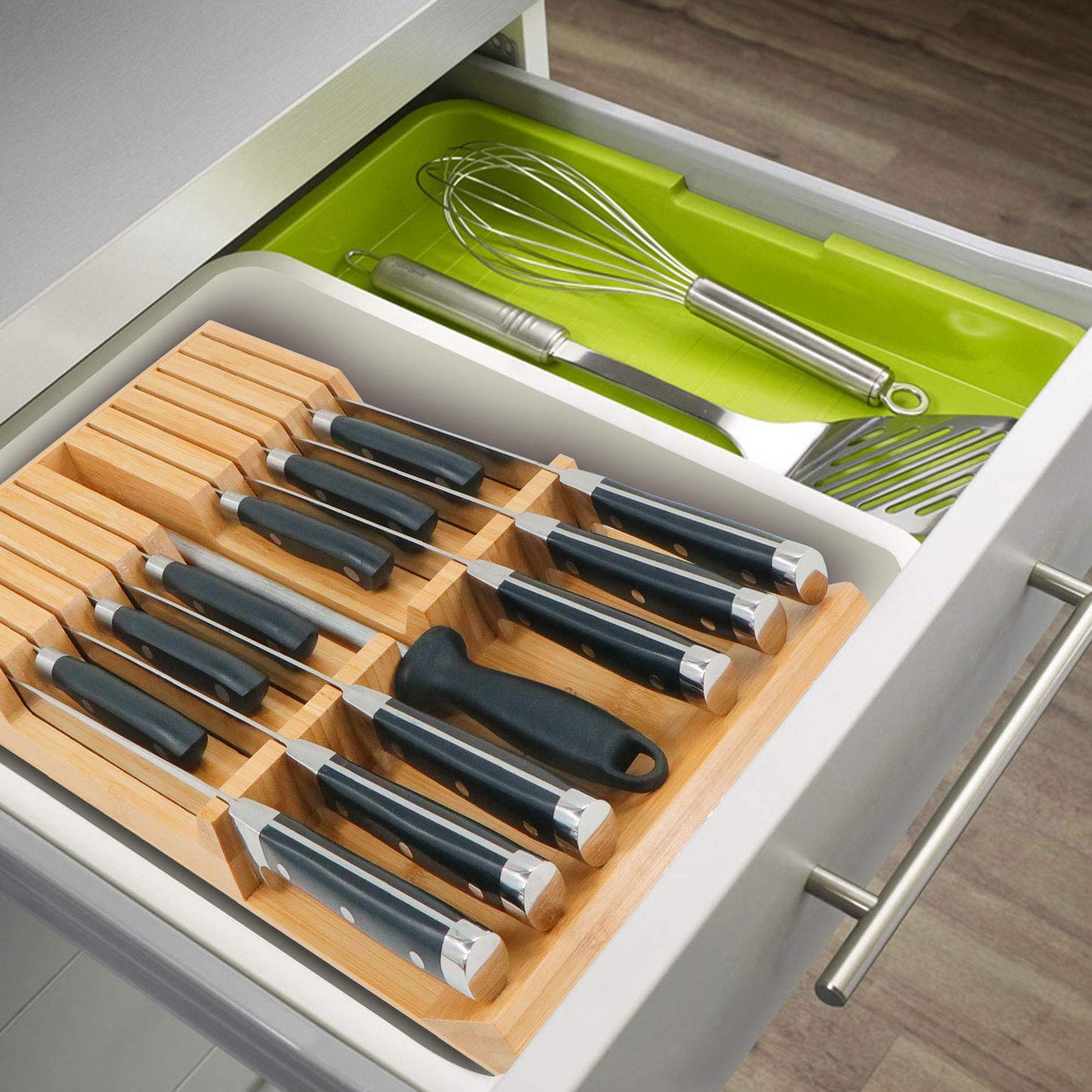 Utoplike in-Drawer Knife Block Bamboo Kitchen Knife Drawer Organiser,Large Handle Steak Knife Holder Without Knives, fit for 12 Knives and 1 Sharpening Steel 12 Holder