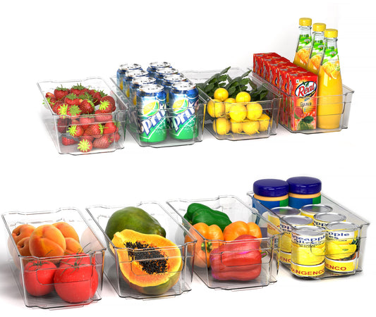 KICHLY Stackable Fridge Organisers - Set of 8 Storage Containers with Handles - Multipurpose Organizer Boxes For Kitchen, Fridge, Cupboard, Snacks, Cans, Tins, Pantry, Under Sink - BPA Free (Clear) Clear