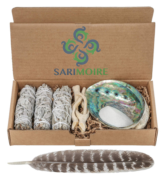 Sarimoire Sage Smudge Kit - White Sage Smudge Sticks - 4in ~ Abalone Shell 5-6in ~ 2in Tripod Stand ~ 9-12in Feather and White Sand