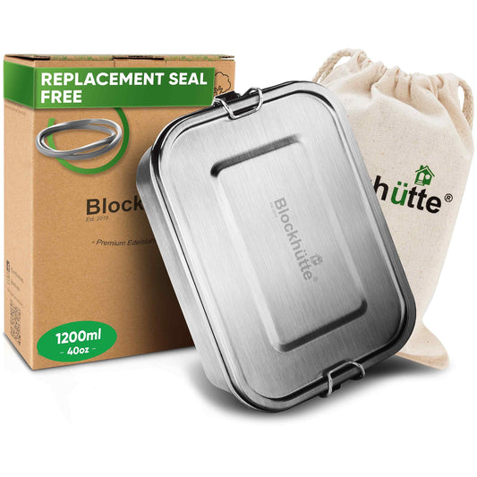 Blockhuette Stainless Steel Food Containers I 1200ml I 3 Compartments, Spare Seal I Stainless Steel Bento Box I Salad Lunch Boxes for Adults, Kids I 2 Movable, Removable Divider I Leakproof Silver