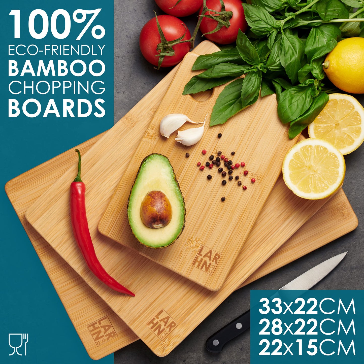 Premium Extra-Thick Wooden Chopping Boards - 3 Piece Bamboo Chopping Board Set - 33x22cm / 28x22cm / 22x15cm - Ideal for Carving Meat, Cutting Vegetables, Cheeses and Bread - by LARHN 3pc Set