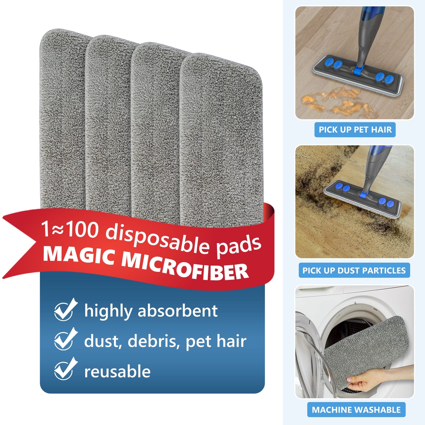 Spray Mops for Cleaning Floors- Floor Mop Microfibre Flat Mop Wet Dry Dust Mop with Refillable 635ML Bottle 4 Washable Pads Sprayer for Hardwood Floor Laminate Tiles Wood Ceramic Vinyl Home Kitchen Mop with 4 grey pads