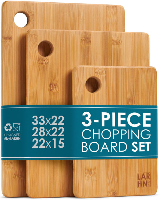 Premium Extra-Thick Wooden Chopping Boards - 3 Piece Bamboo Chopping Board Set - 33x22cm / 28x22cm / 22x15cm - Ideal for Carving Meat, Cutting Vegetables, Cheeses and Bread - by LARHN 3pc Set