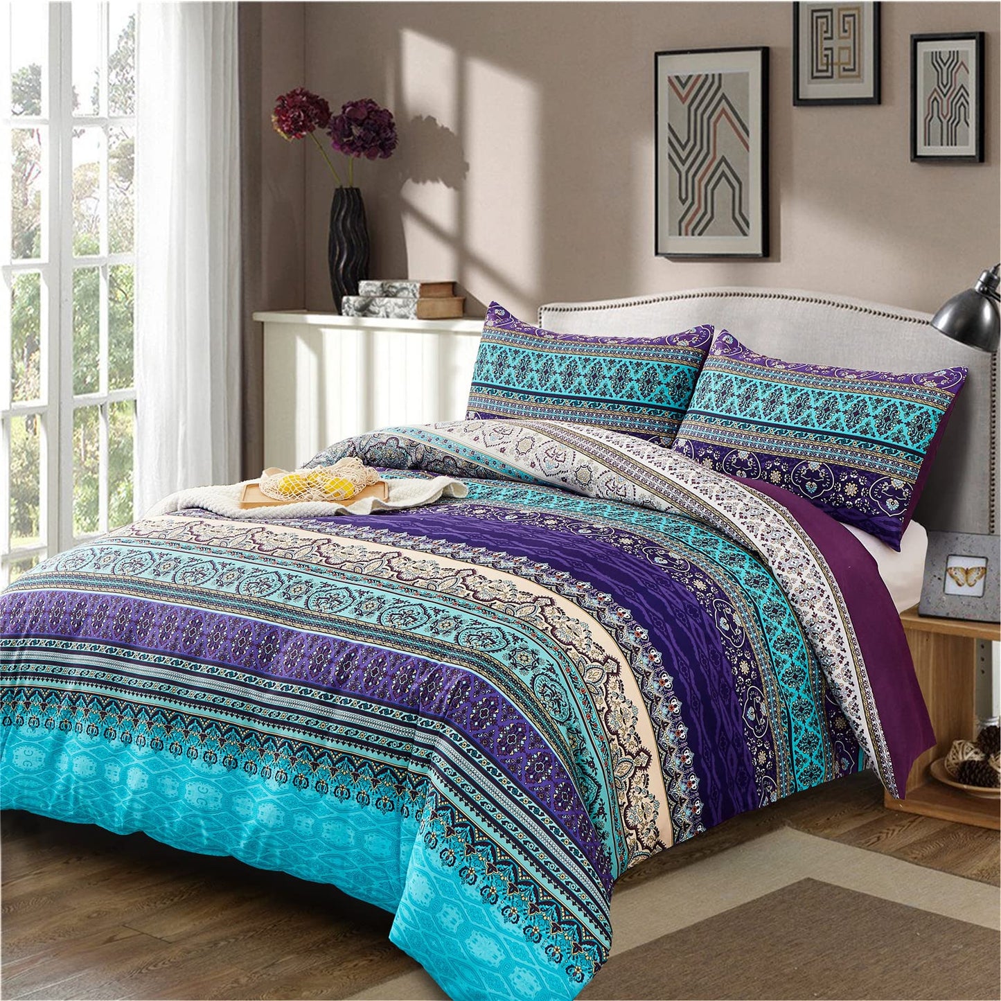 King Size Bohemian Duvet Cover Purple and Blue Colorful Boho Bedding Set with 2 Pillowcases Soft Microfiber Moroccan Bed Cover 220cm X 230cm King Size 220x230cm Purple Blue