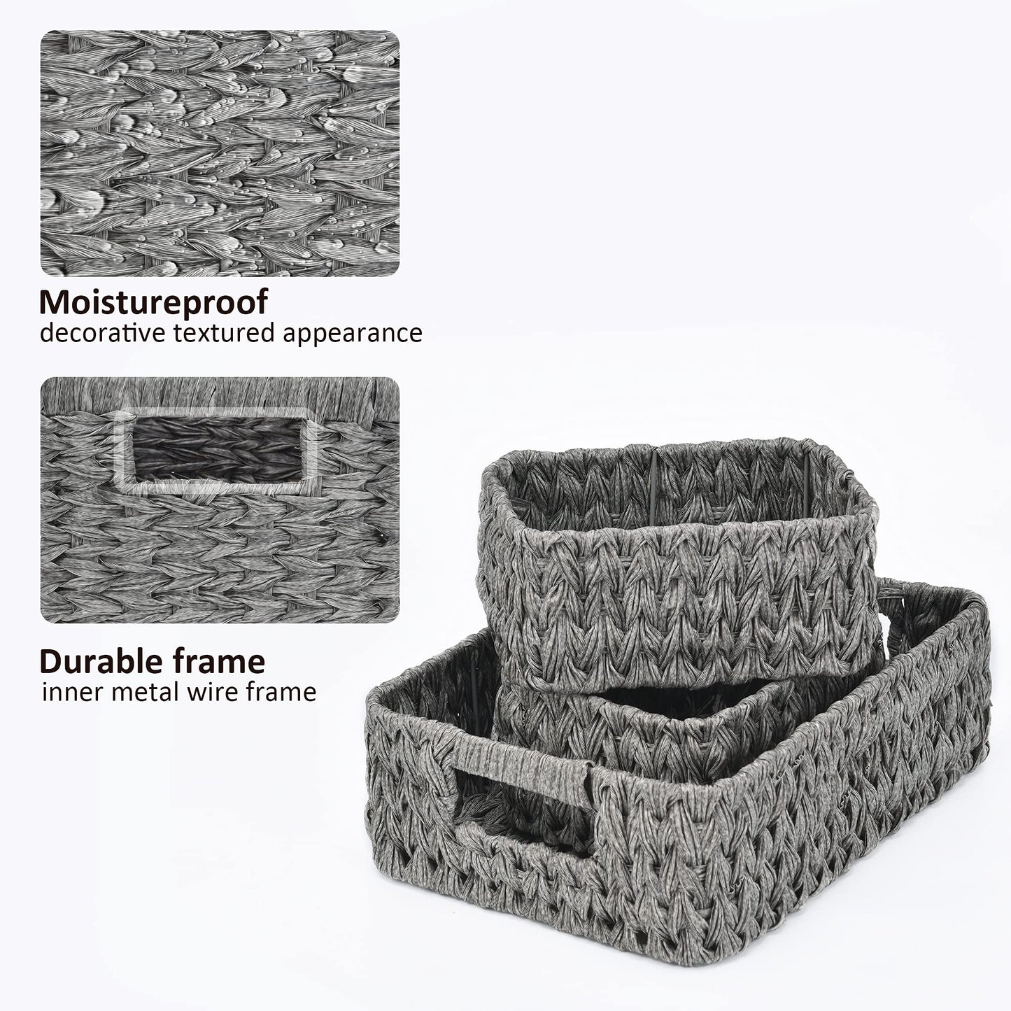 GRANNY SAYS Wicker Storage Baskets, Pack of 3 Wicker Baskets for Storage, 1 Large Wicker Storage Box and 2 Small Wicker Baskets Waterproof, Bathroom Counter Storage, Toilet Basket Tank Topper, Grey Medium