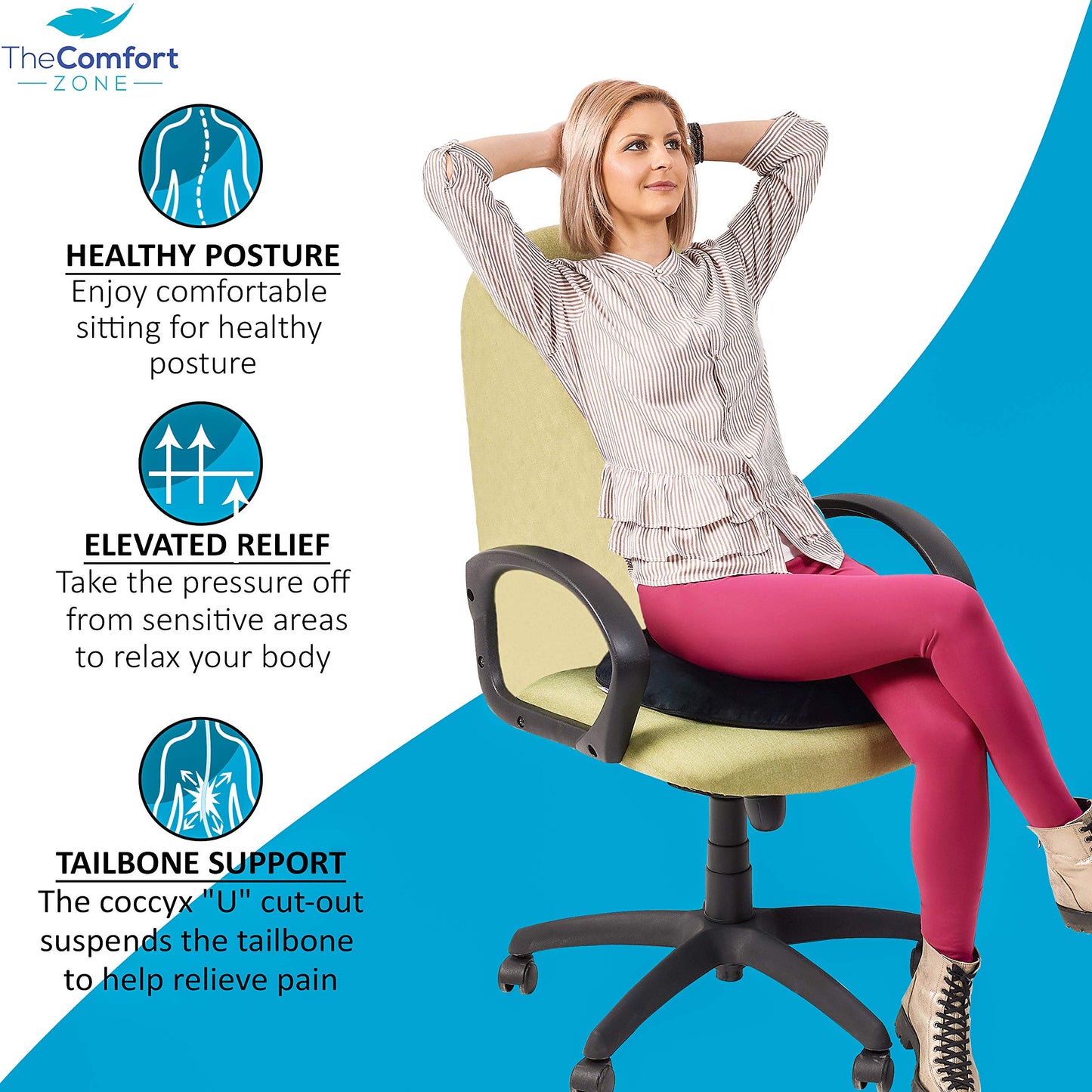 TheComfortZone Donut Cushion For Coccyx & Tailbone Pain Pressure Relief | Memory Foam Orthopedic Doughnut Seat Cushion for office chair | Hemorrhoid, Pregnancy Post Natal, Surgery, Sciatica (Black) Black