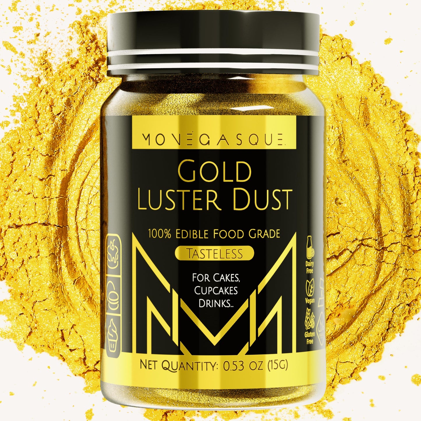 MONÉGASQUE Gold Lustre Dust Edible Glitter for Drinks 15g – Edible Glitter for Cakes & Drink Glitter – No Gluten or Dairy – Vegan Easter Cake Decorations & Edible Glitter Spray for Cake Decorating 1.Gold