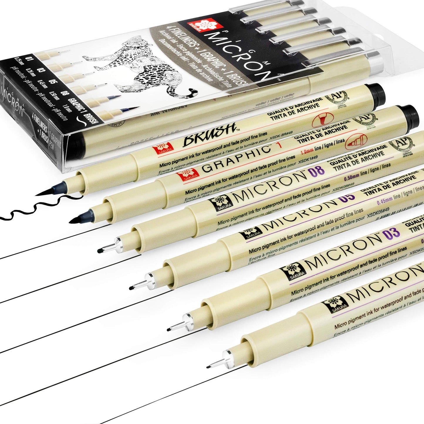 SAKURA Pigma Micron - Fineliner Pigment Pens - 01/03/05/08/Graphic/Brush - Pack of 6 - Black Ink