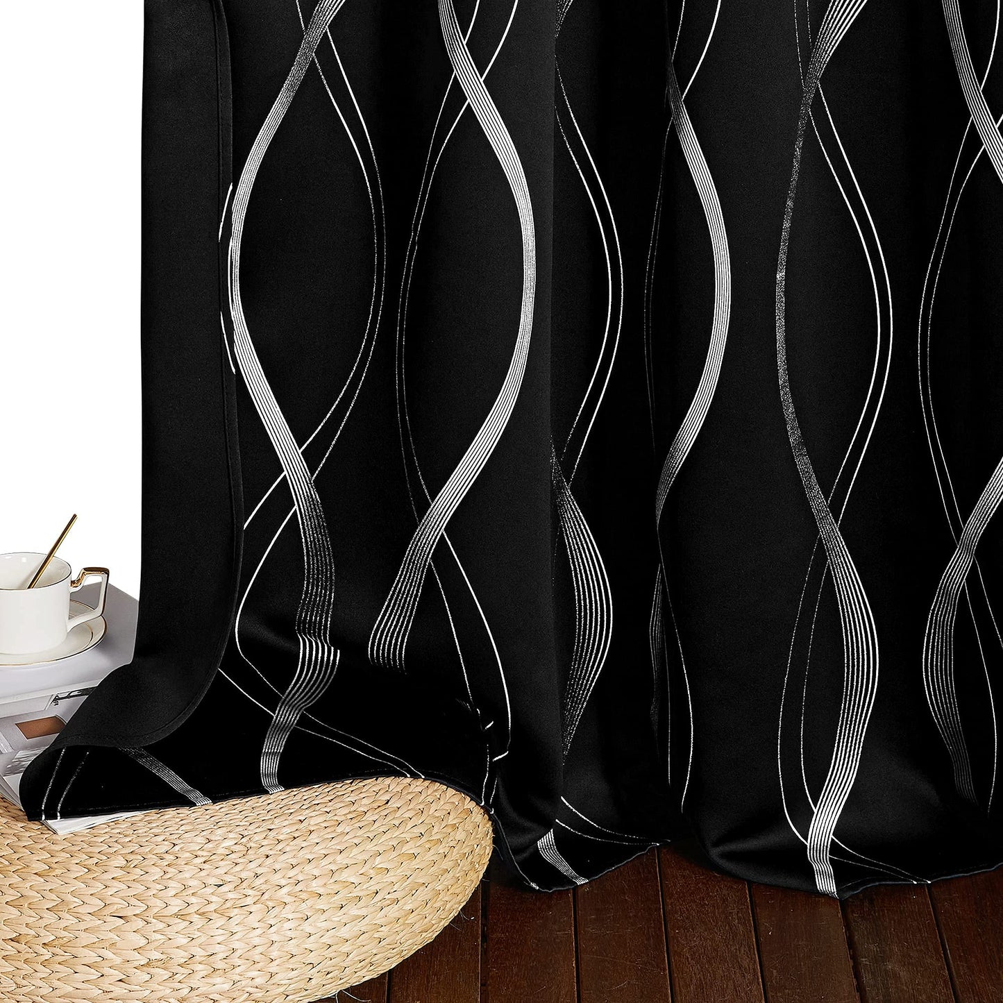 PONY DANCE Thermal Door Curtains Blackout - Foil Decorative Curtains Silver Wave Line Printed, 52 Inch Wide x 84 Inch Drop, Lightweight Kids Bedroom Curtains, Sold as Pair 2x W52"xL84" Black