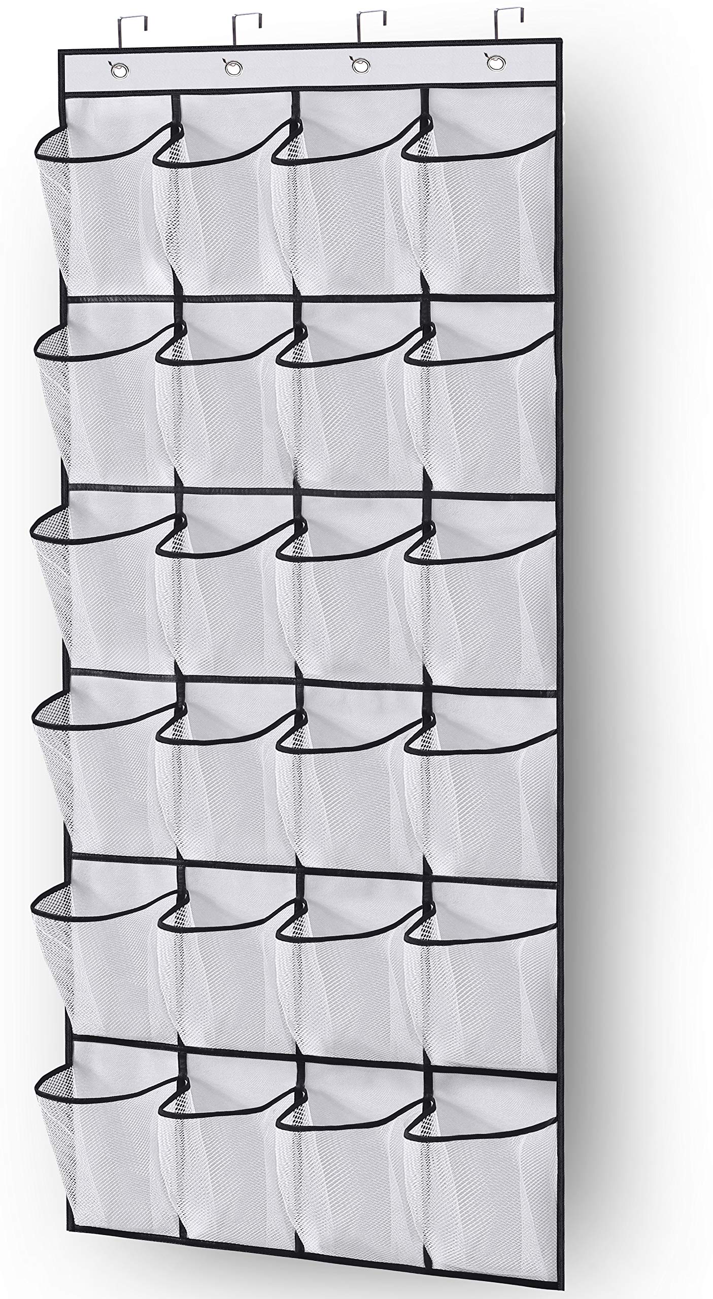 MISSLO Over the Door Shoe Storage Organiser Hanging Shoe Rack Holder 24 Large Mesh Pockets for Wardrobe Door Tidy with Hanger(White) White