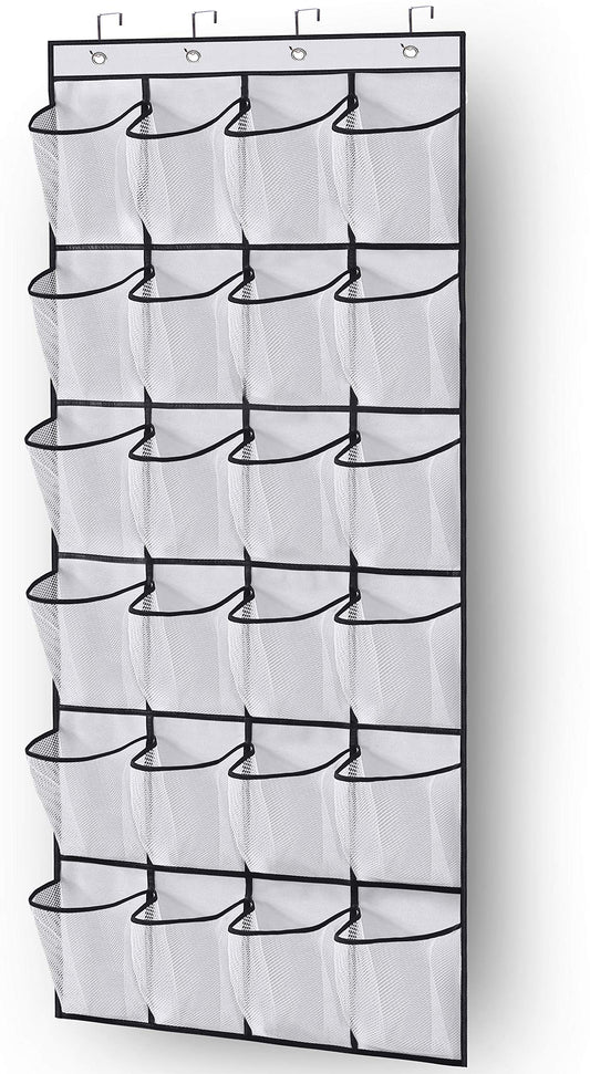 MISSLO Over the Door Shoe Storage Organiser Hanging Shoe Rack Holder 24 Large Mesh Pockets for Wardrobe Door Tidy with Hanger(White) White