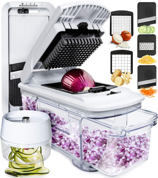 Vegetable Chopper Cutter Dicer - Mandoline Vegetable Slicer Spiralizer & Grater - Veggie Onion Salad Food Chopper Manual - Potato Chipper - Kitchen Tools & Gadgets (6-in-1 White) 6-in-1 White