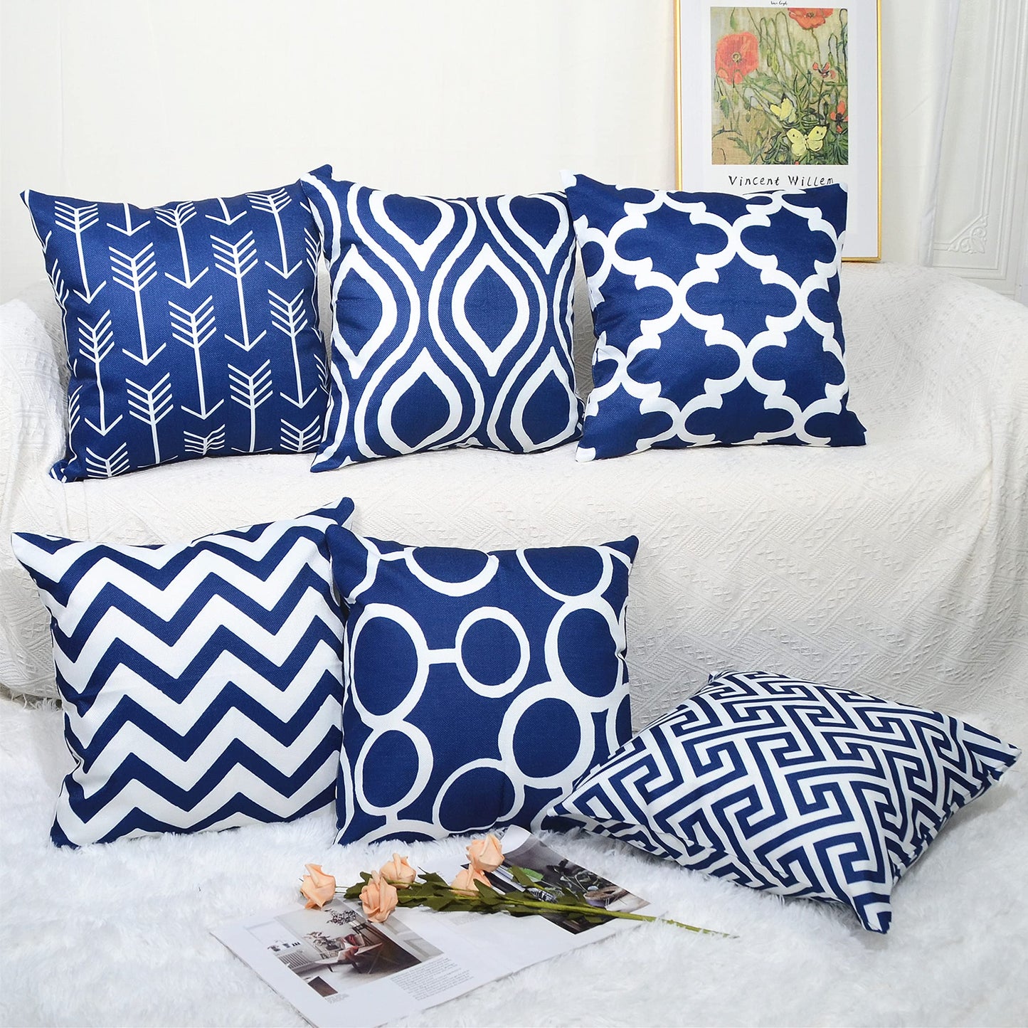 TIDWIACE Set of 6 Navy Blue Cushion Cover Outdoor Furniture Decorative Linen - Throw Pillow case for Home Office Sofa Bedroom Car Garden ，Invisible Zipper 45x45cm/18x18 Inch