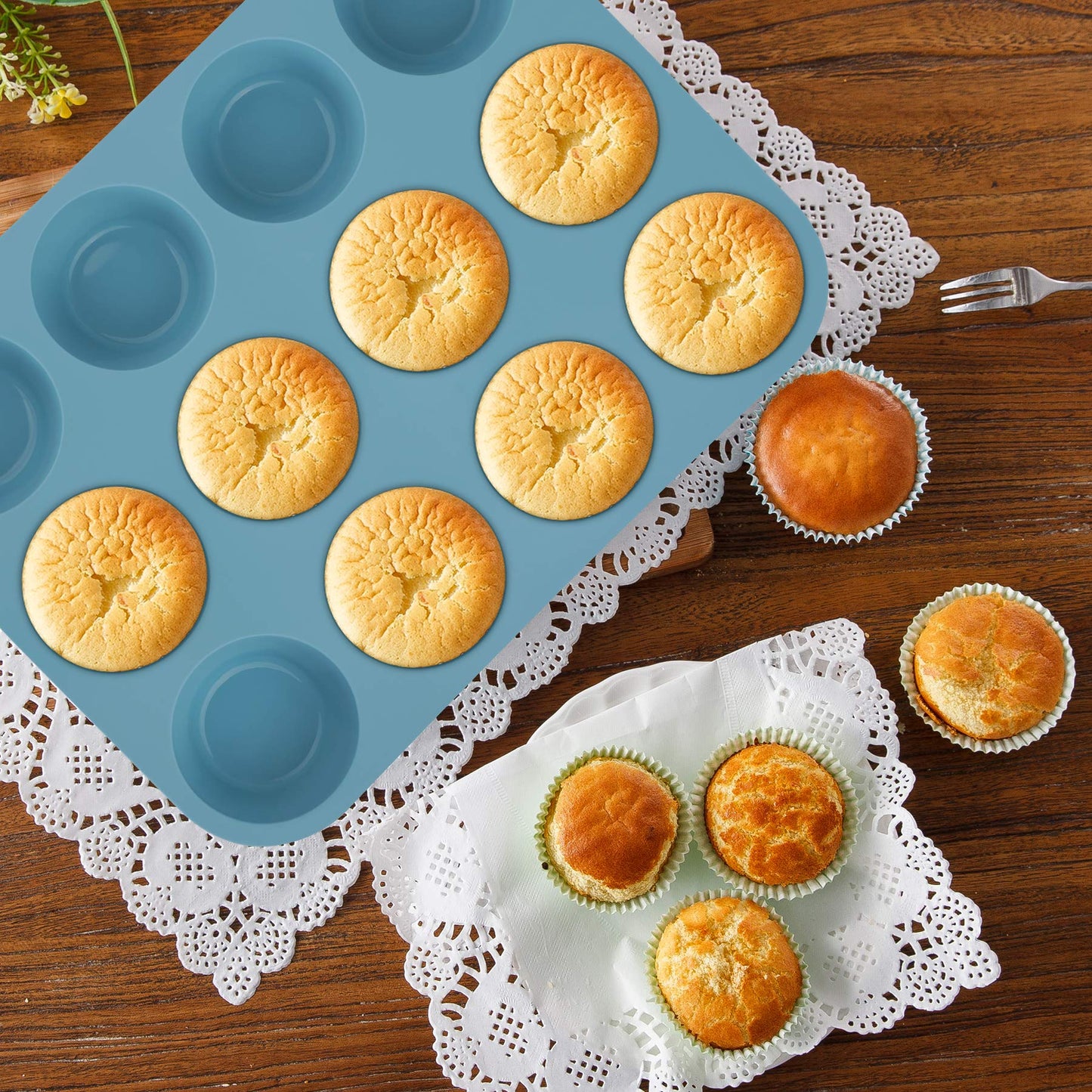 Economical 7in1 Nonstick Silicone Baking Cake Pan Tin Tray Sheet Mould Set for Oven, BPA Free Heat Resistant Bakeware Supplies Mold Tools Kit for Pancake Crepe Cupcake Bread Loaf Muffin Scones Utensil Blue 7in1