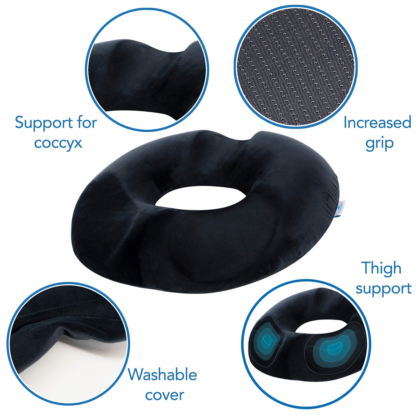 TheComfortZone Donut Cushion For Coccyx & Tailbone Pain Pressure Relief | Memory Foam Orthopedic Doughnut Seat Cushion for office chair | Hemorrhoid, Pregnancy Post Natal, Surgery, Sciatica (Black) Black