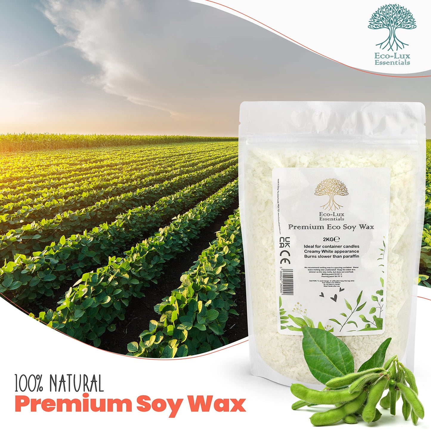 Eco Lux UK 2KG Premium Soy Wax White Flakes, 100% Natural, Vegan Cruelty Free, Organic - Candle Making Container Candles Wax Melts SOYA Wax No additives, Harmless and Pure (2KG) 2.00 kg (Pack of 1)