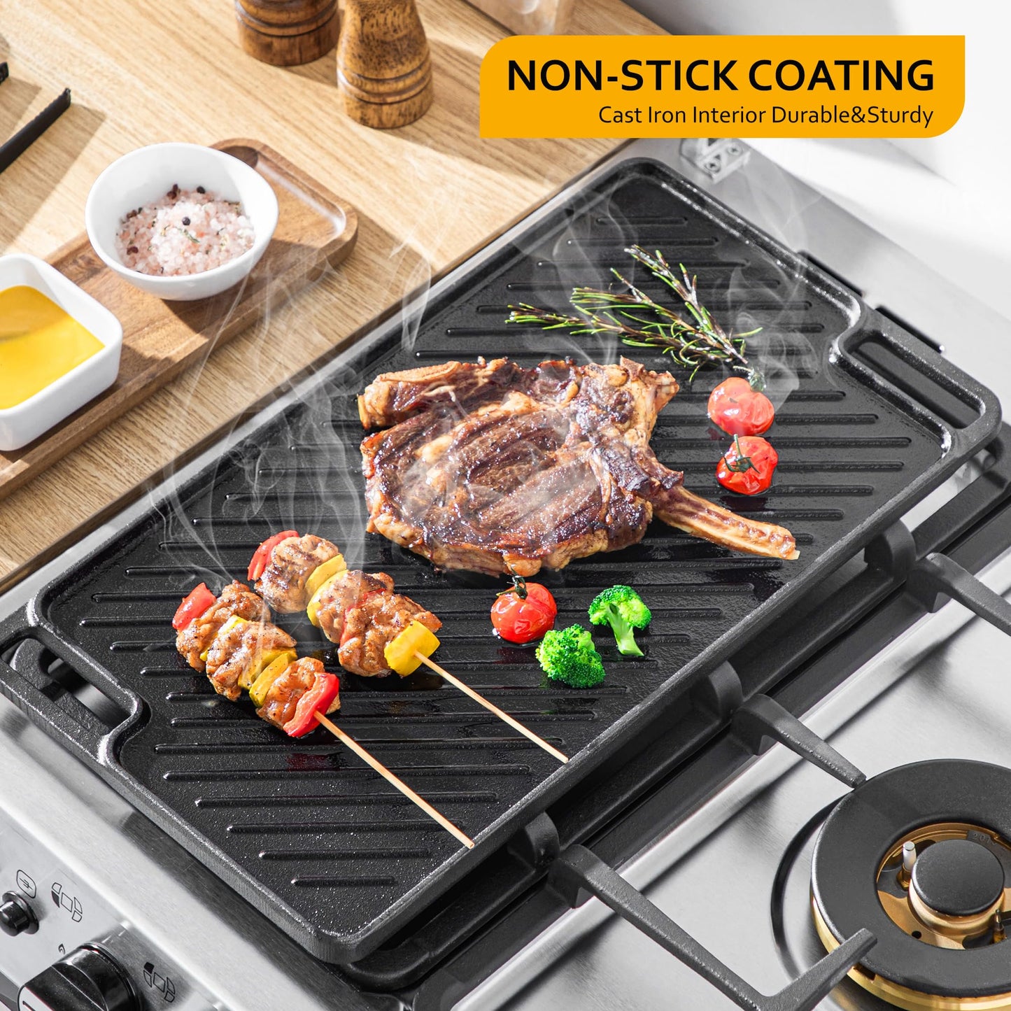 Velaze Cast Iron Griddle Pan for Gas Hobs with Ridged and Flat Surfaces, Grill Pan Non-Stick Drains Fat for BBQ Steak Pan Reversible Pan 45.5 x 26cm 45.5 x 26