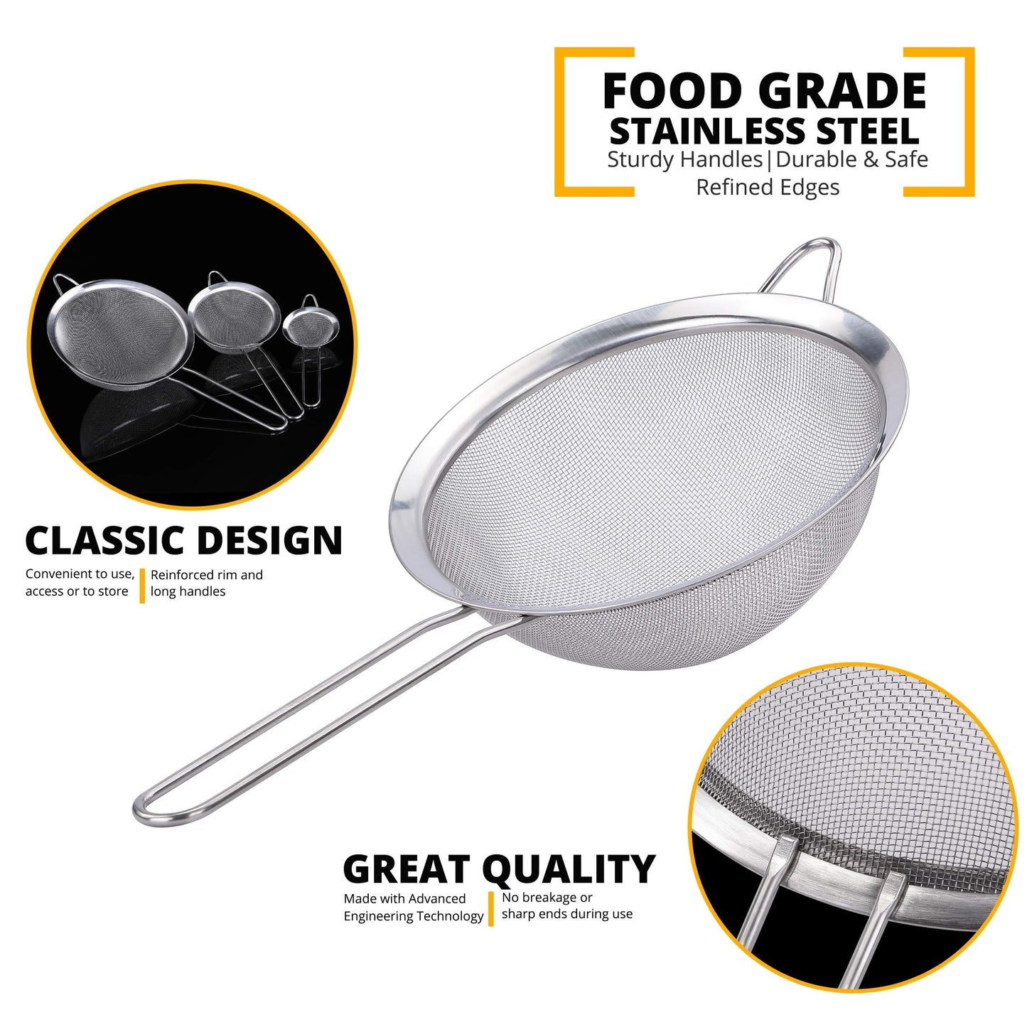 Sieves and Strainers Set - Metal Sieve Stainless Steel, Fine Mesh Strainer | Pack of 3 Kitchen Mesh, Sive Cooking, Flour for Baking Rust Free Seive, Dishwasher Safe SIV, Colander