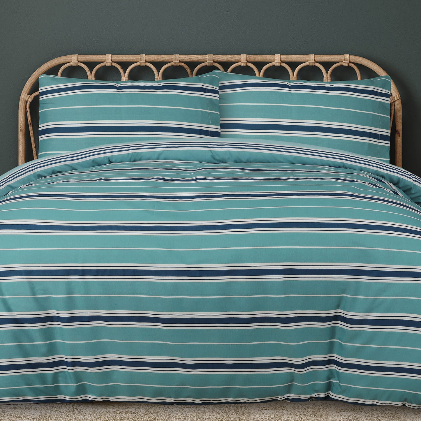 Sleepdown Duvet Cover Set - Teal - Geometric Banded Stripe - Reversible Quilt Cover Easy Care Bed Linen Soft Cosy Bedding Sets with Pillowcases - Double (200cm x 200cm)