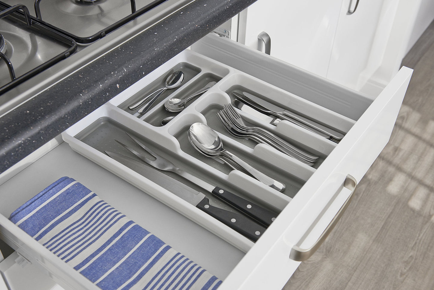 Addis Premium Soft touch 6 Compartment Cutlery Drawer Organiser Tray, White and Grey 6 Sections White Dark Grey Single